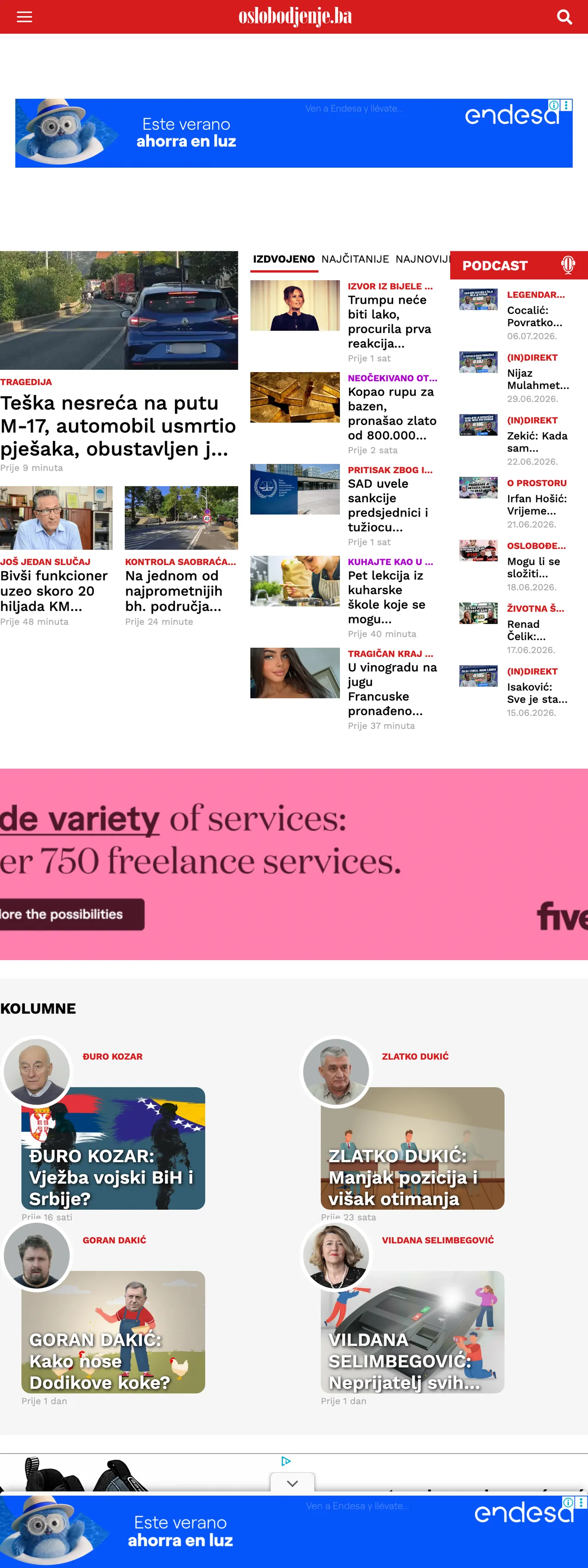 Screenshot of the Oslobođenje front page