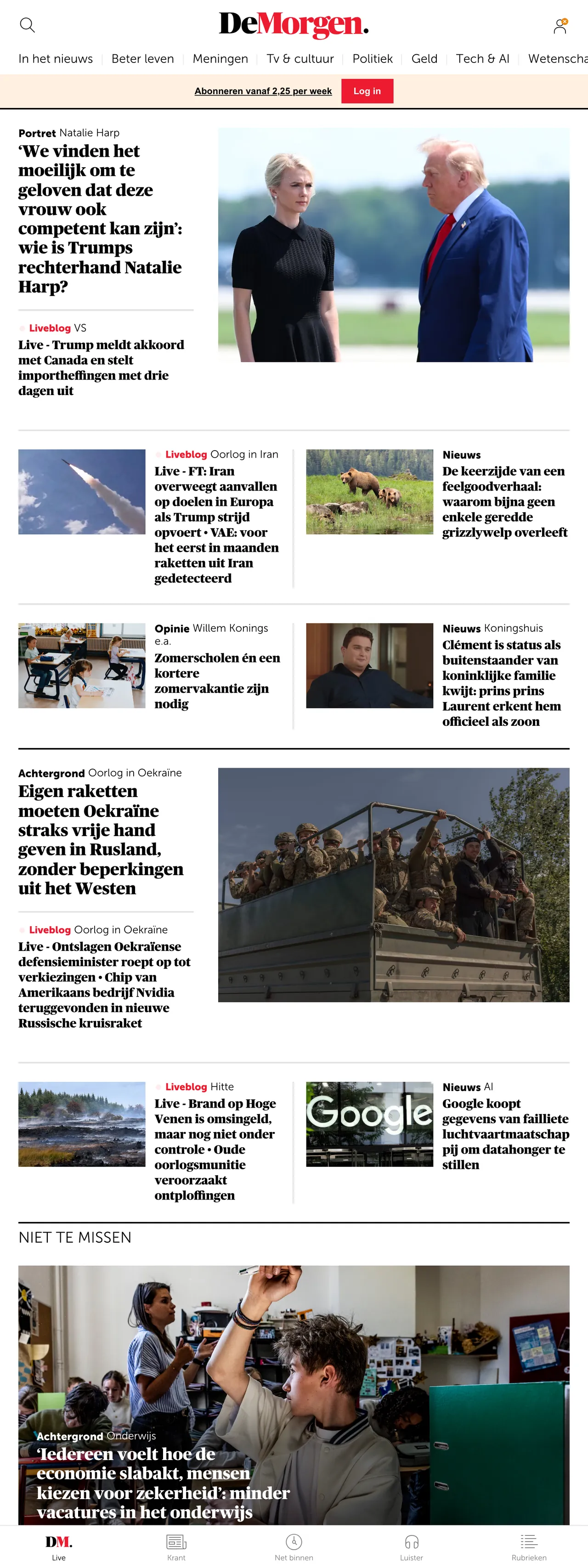 Screenshot of the De Morgen front page