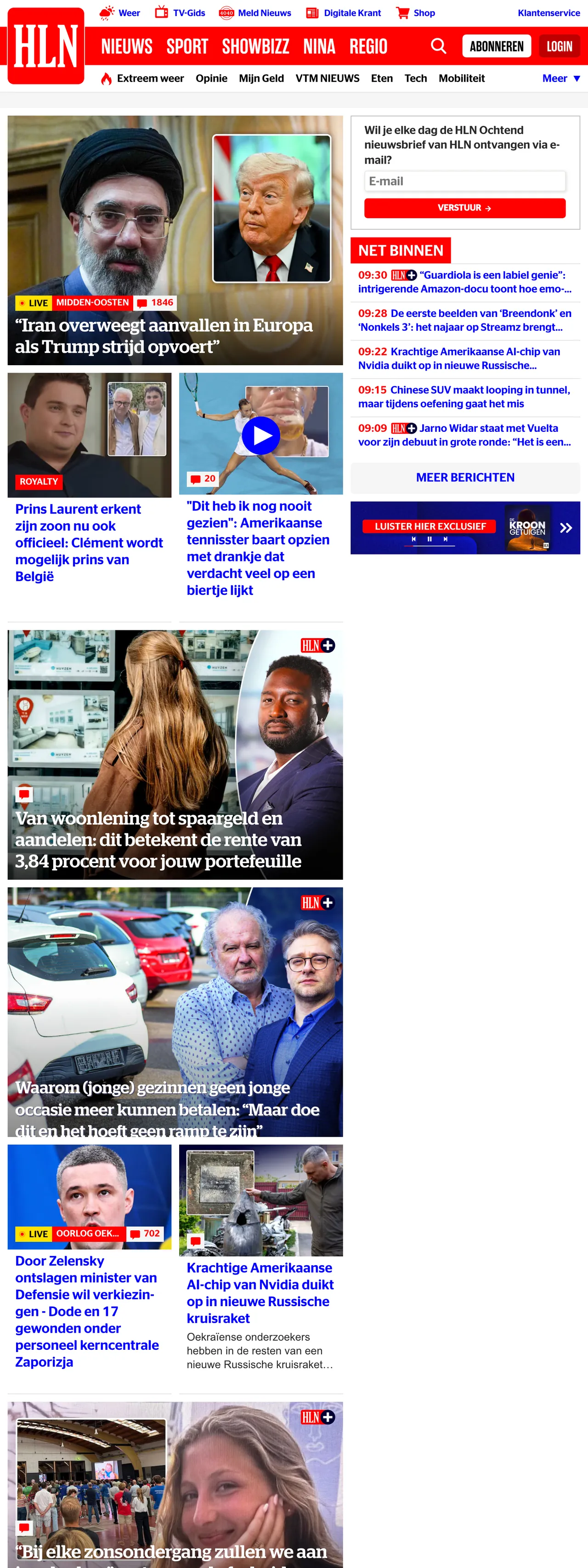 Screenshot of the HLN front page