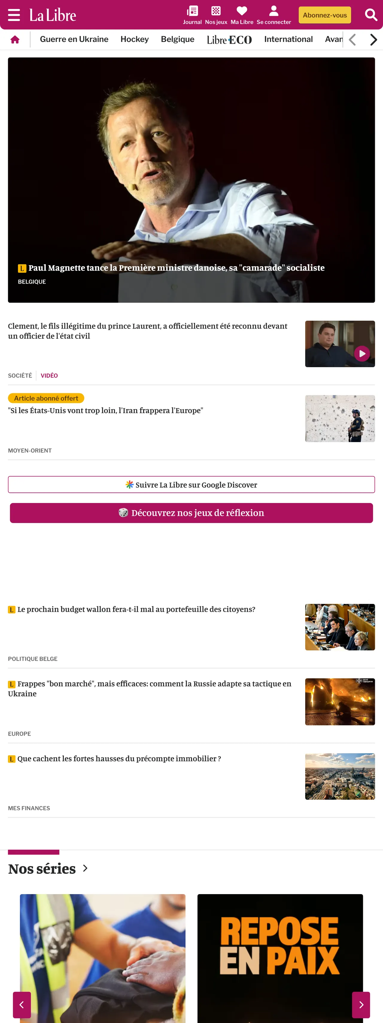 Screenshot of the La Libre front page
