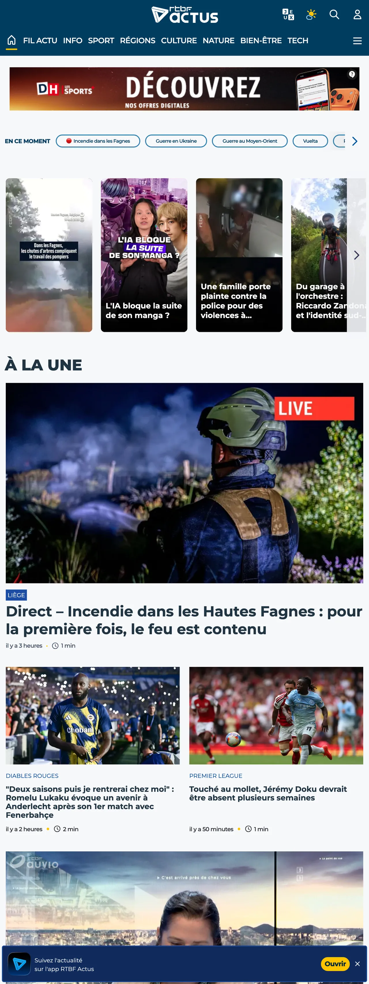 Screenshot of the RTBF front page