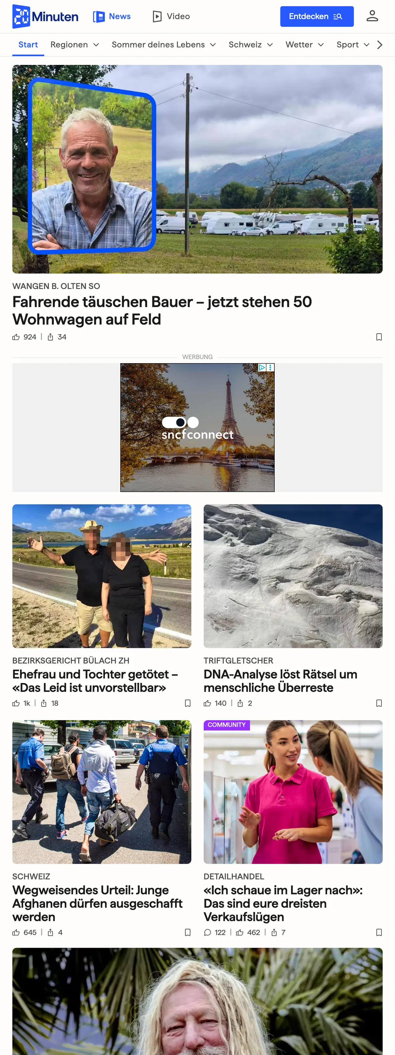 Screenshot of the 20 Minuten front page