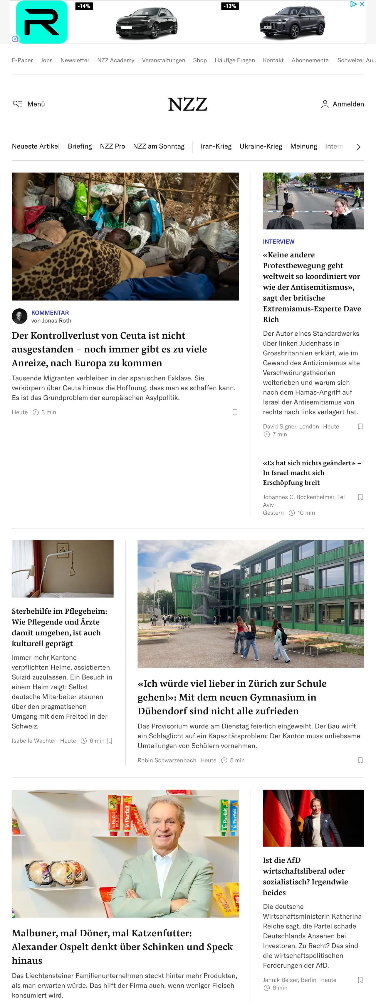 Screenshot of the Neue Zürcher Zeitung front page