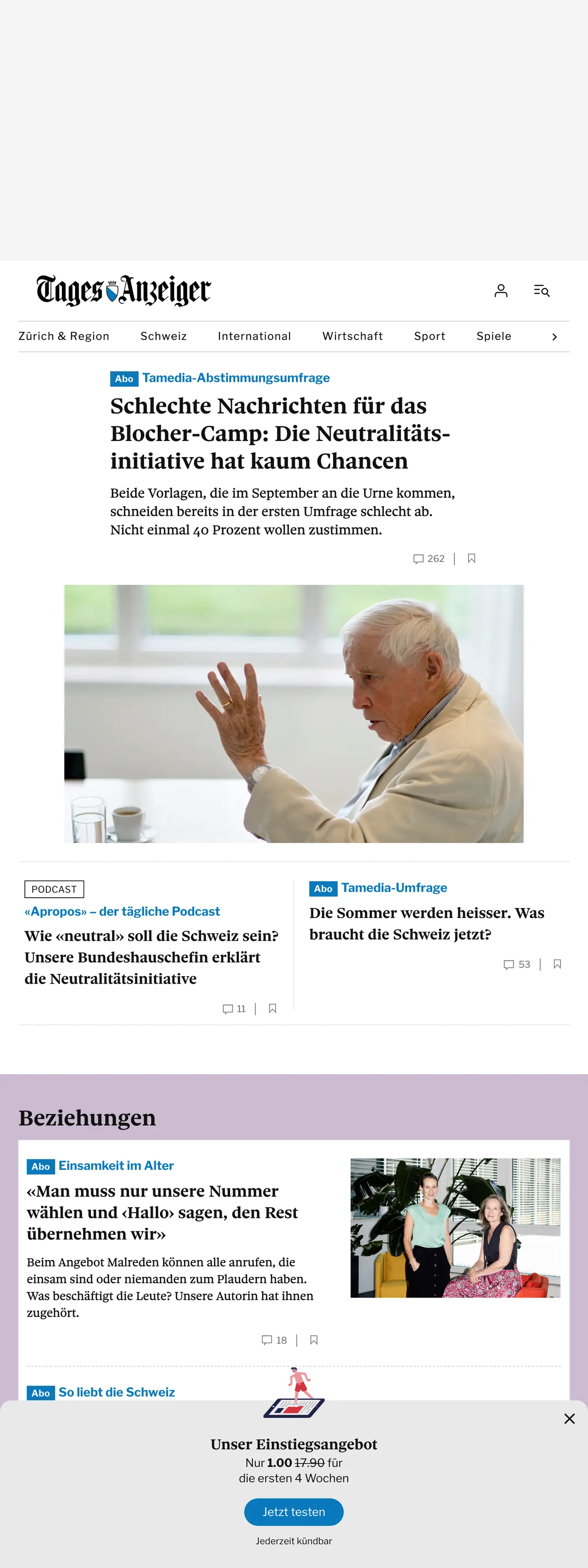 Screenshot of the Tages-Anzeiger front page
