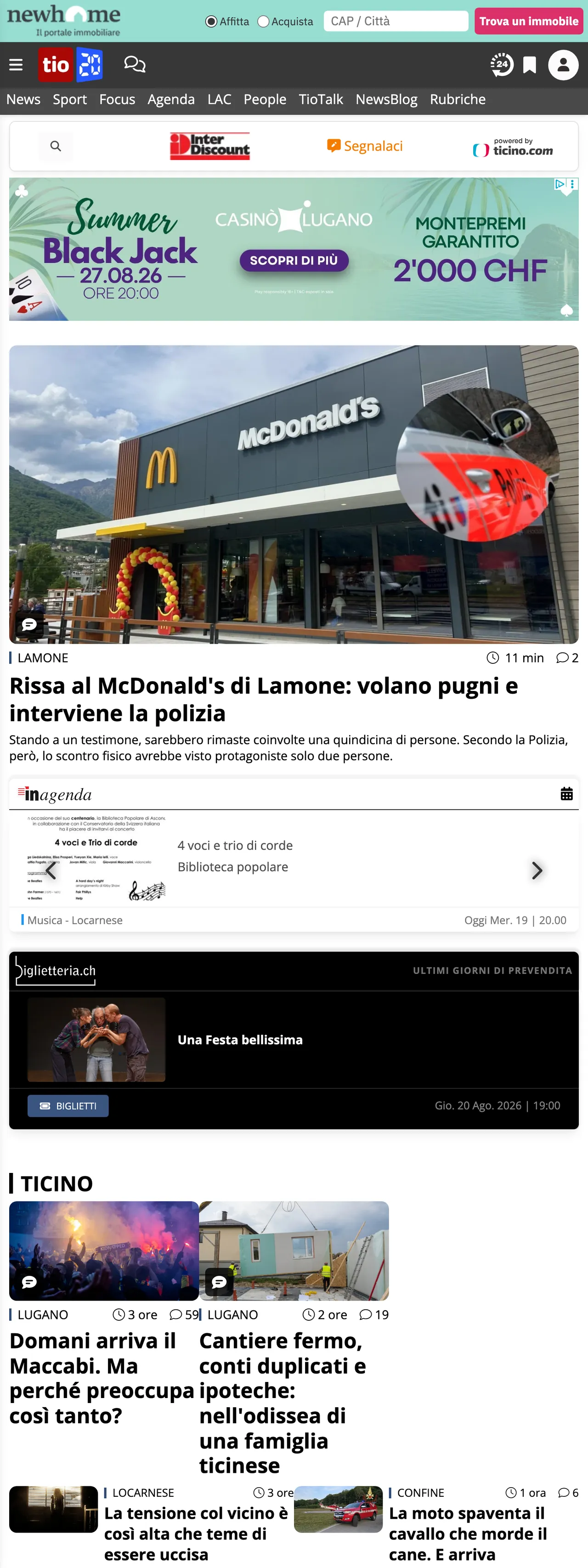 Screenshot of the Ticinonline front page