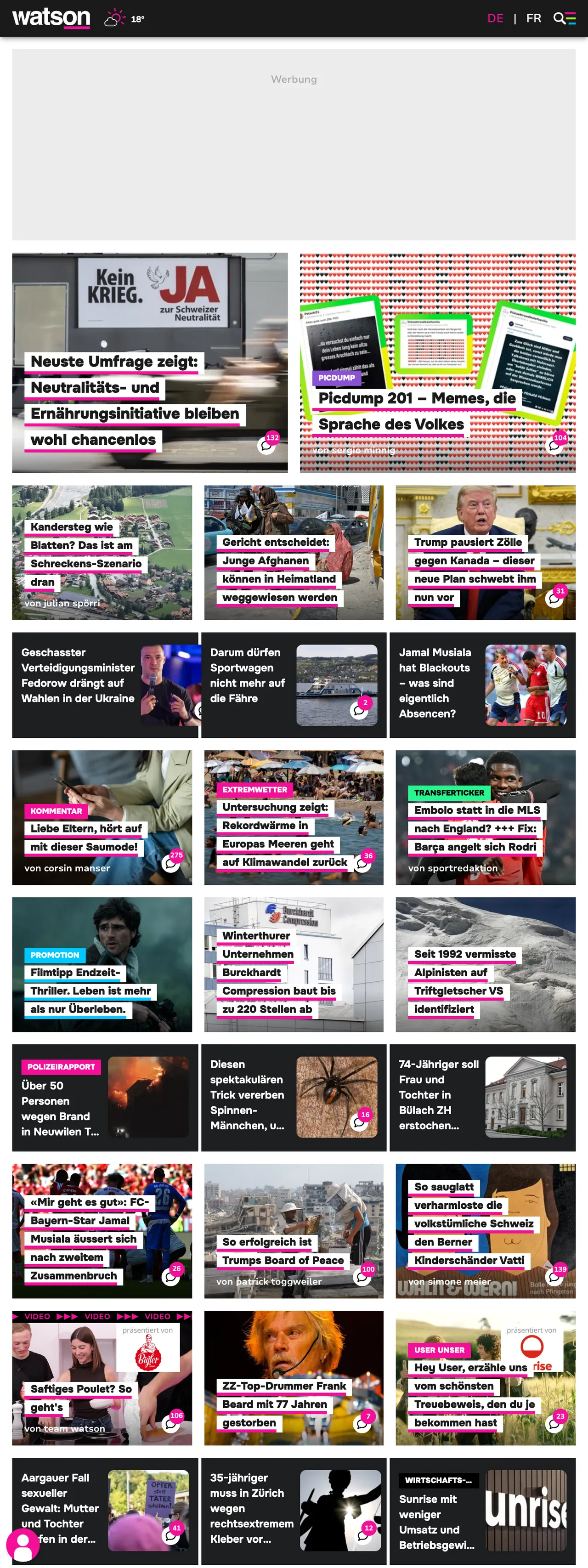 Screenshot of the watson front page
