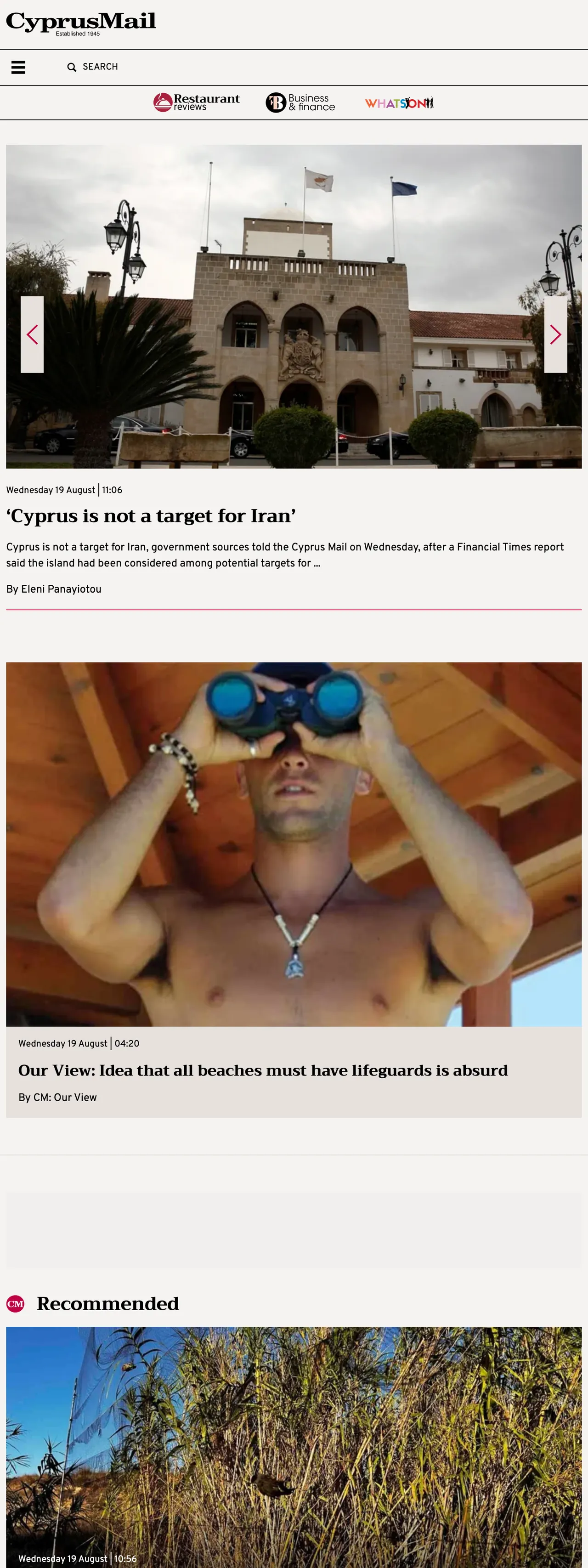 Screenshot of the Cyprus Mail front page