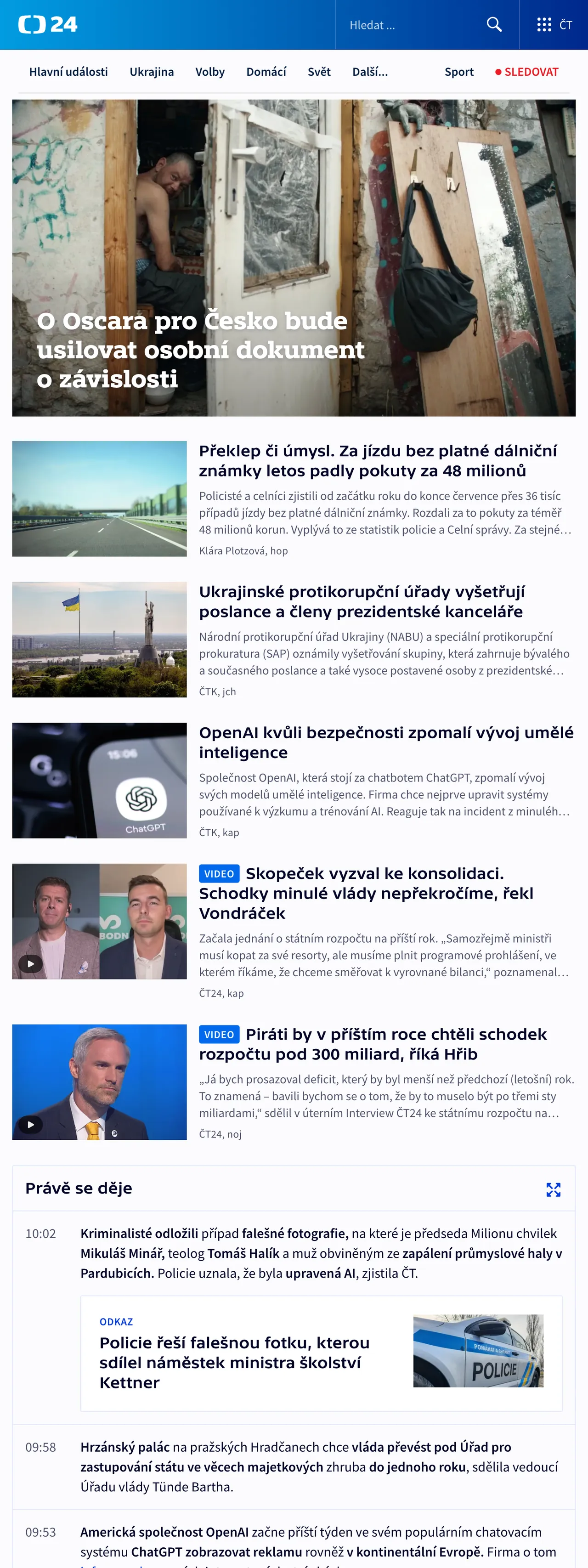 Screenshot of the ČT24 front page