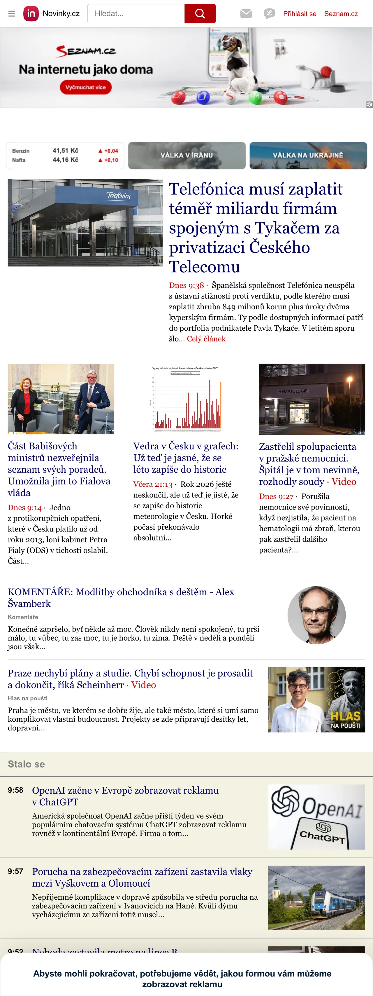 Screenshot of the Novinky.cz front page