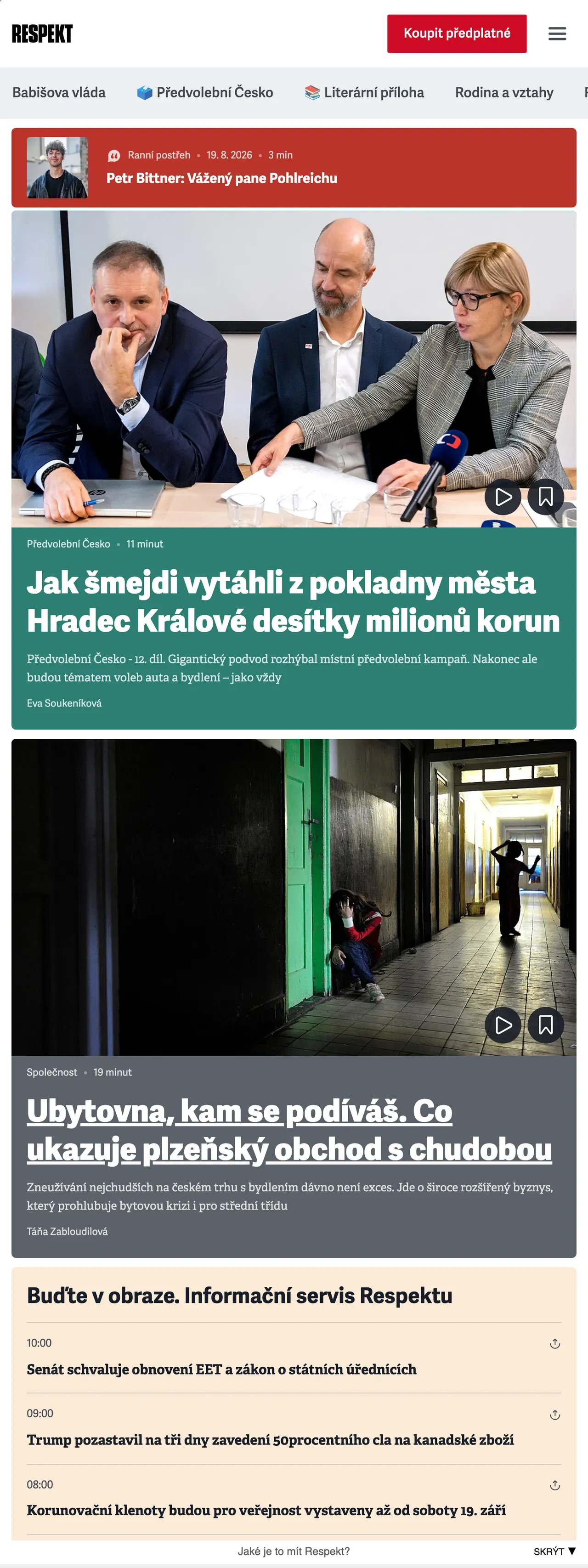 Screenshot of the Respekt front page