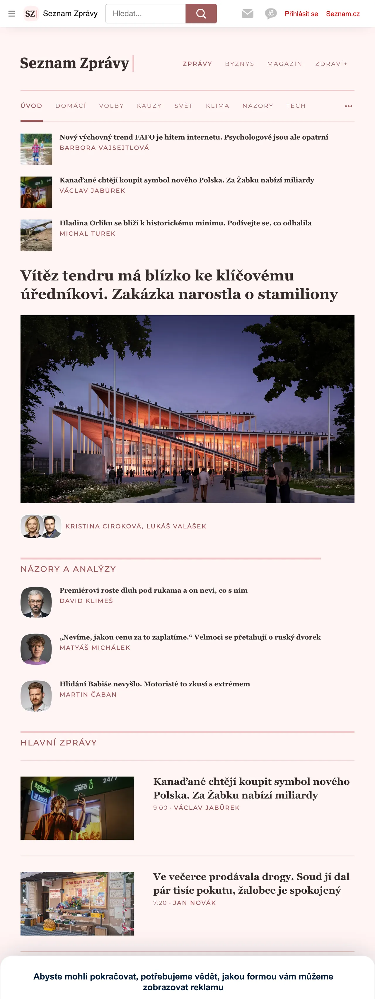 Screenshot of the Seznam Zprávy front page