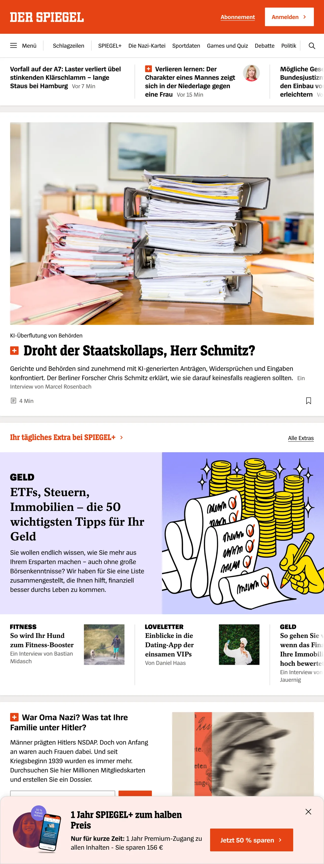 Screenshot of the DER SPIEGEL front page
