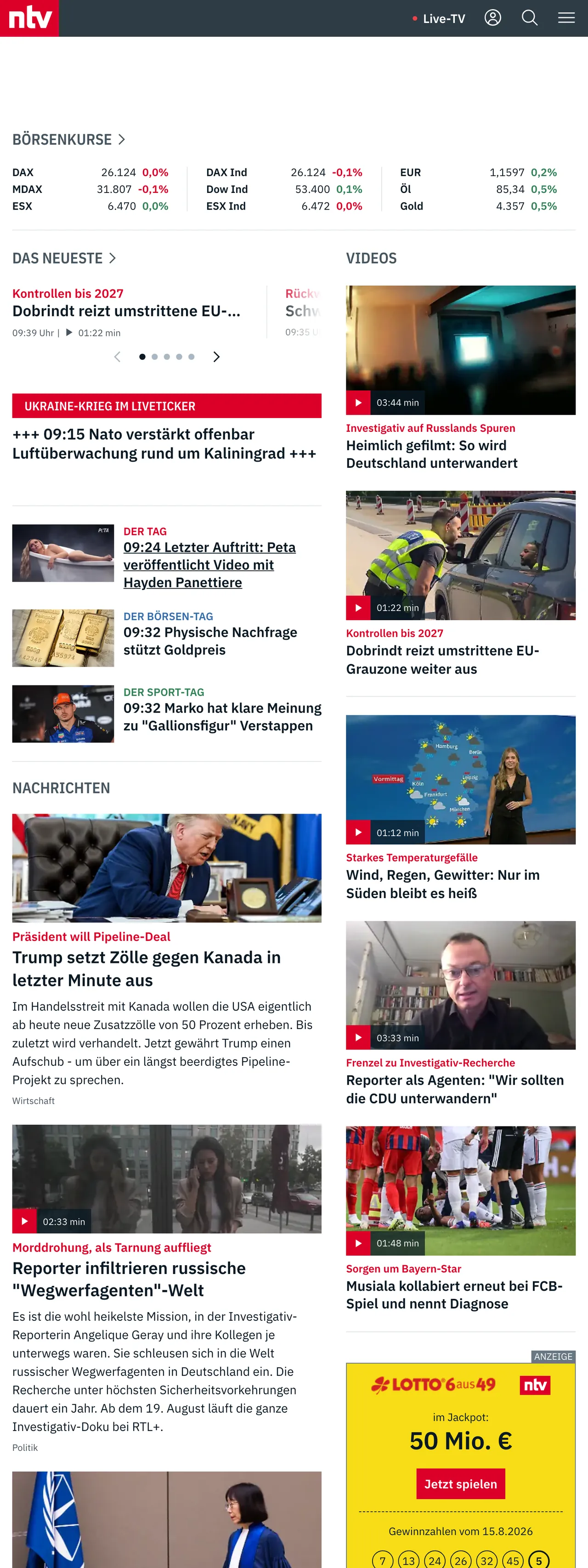 Screenshot of the n-tv front page