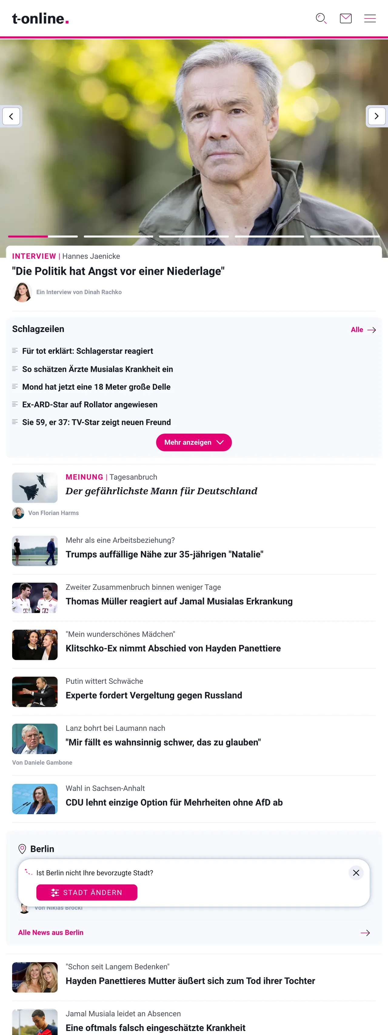 Screenshot of the t-online front page