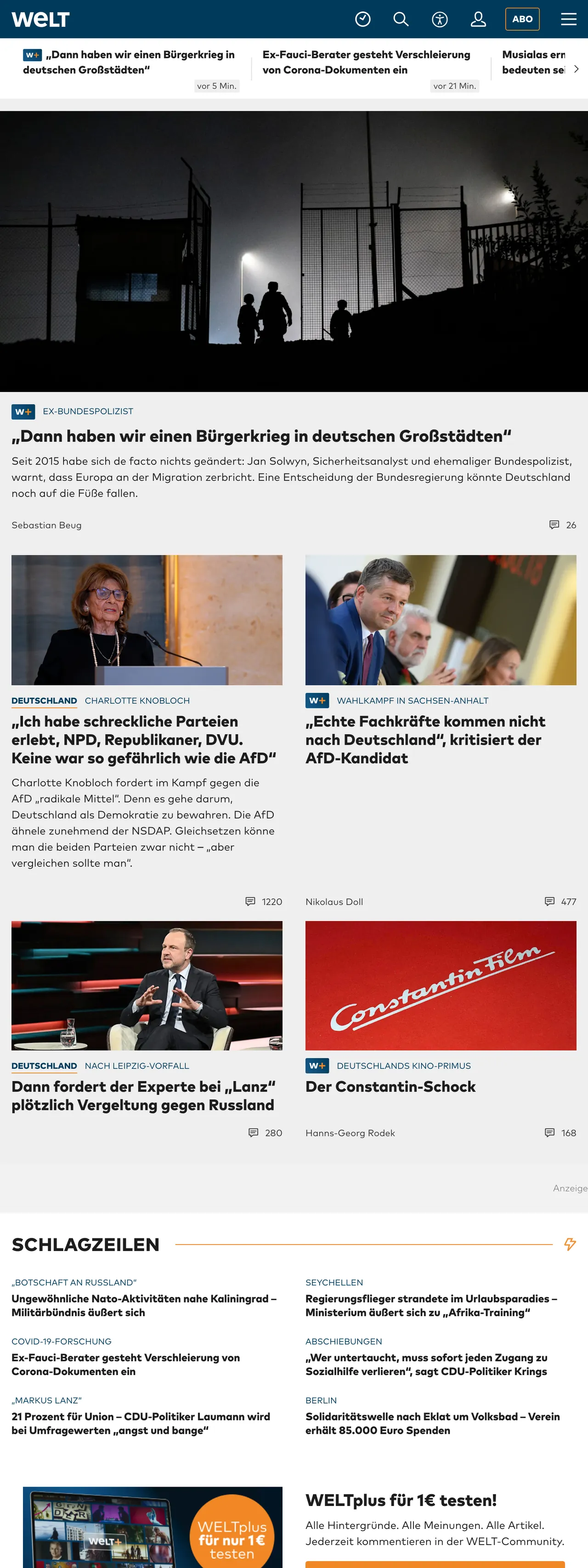 Screenshot of the WELT front page
