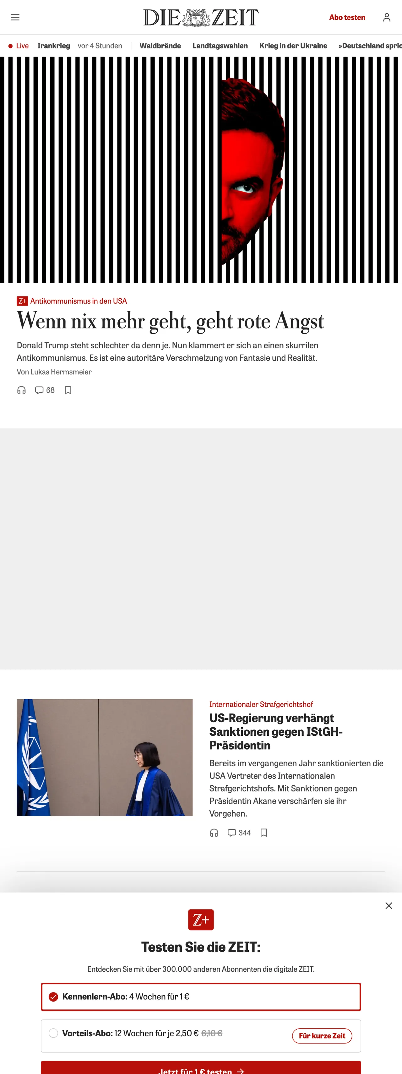 Screenshot of the ZEIT ONLINE front page