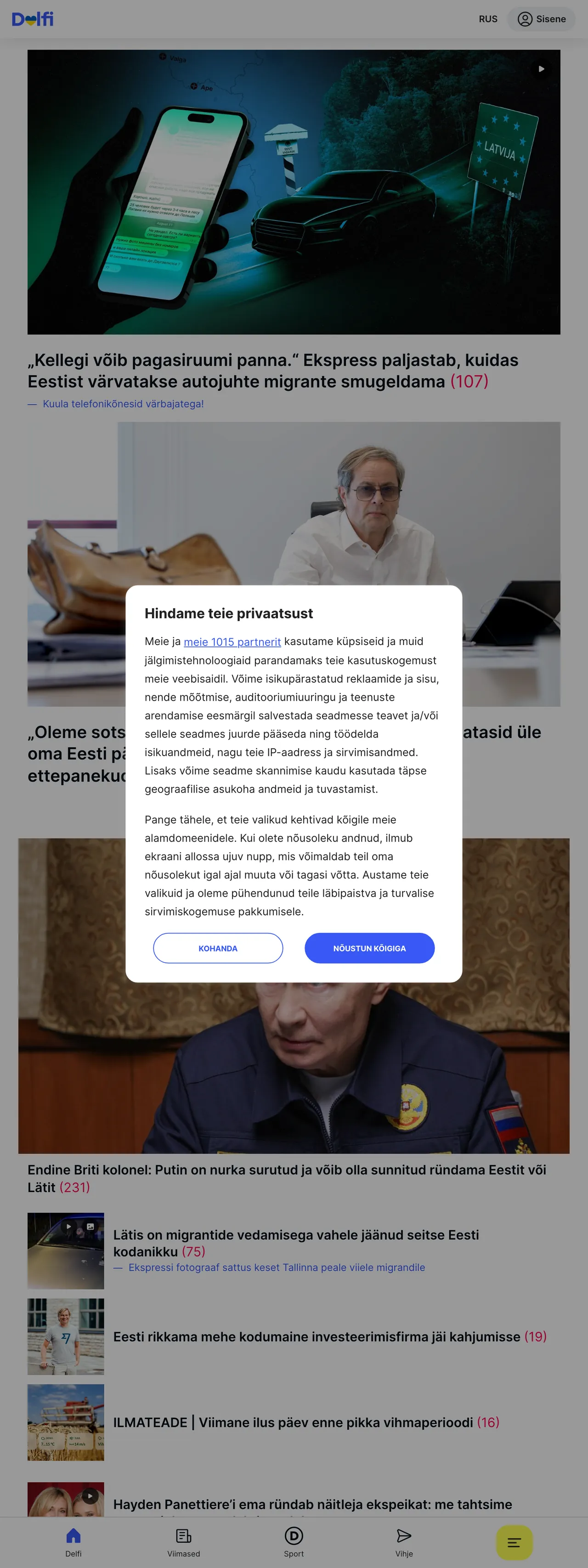 Screenshot of the Delfi front page