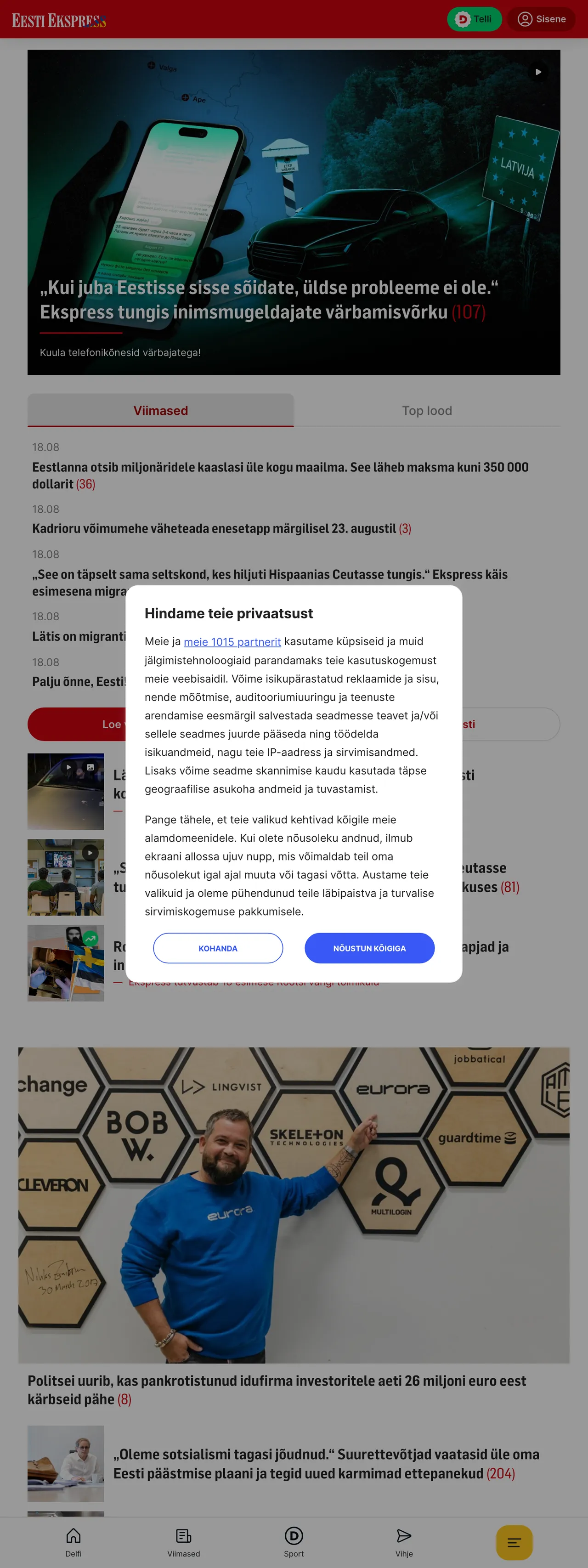 Screenshot of the Eesti Ekspress front page