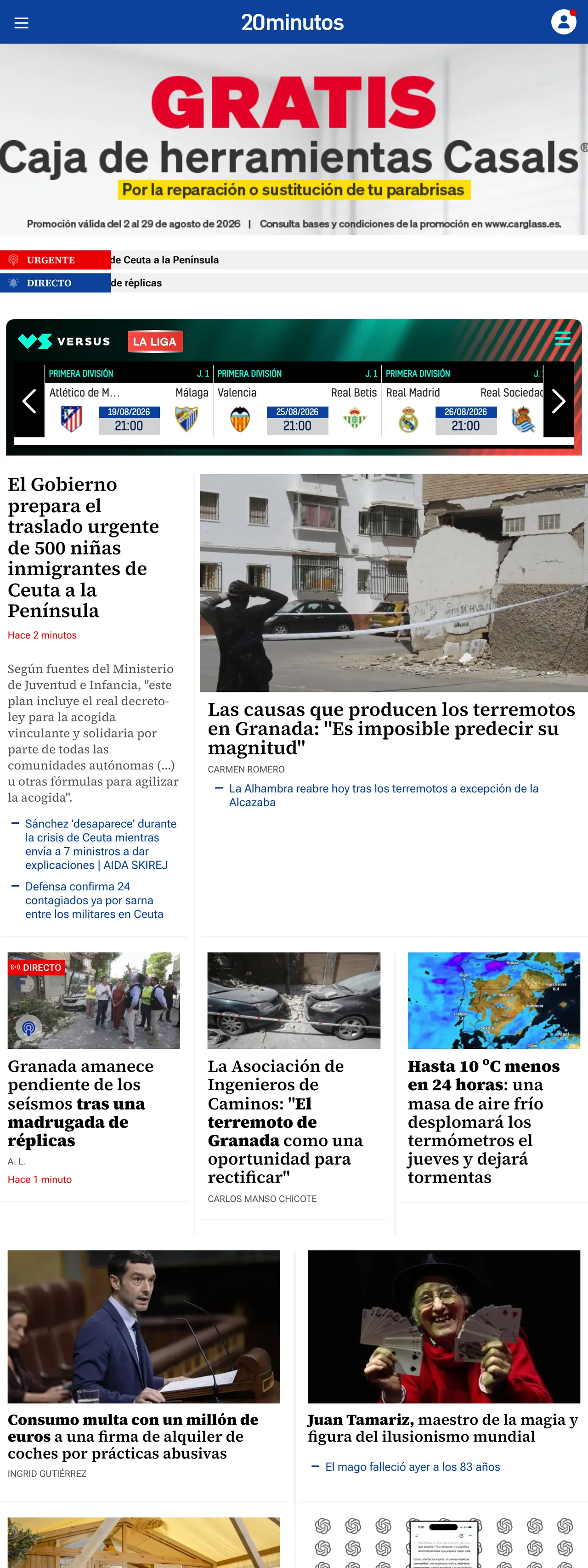 Screenshot of the 20minutos front page