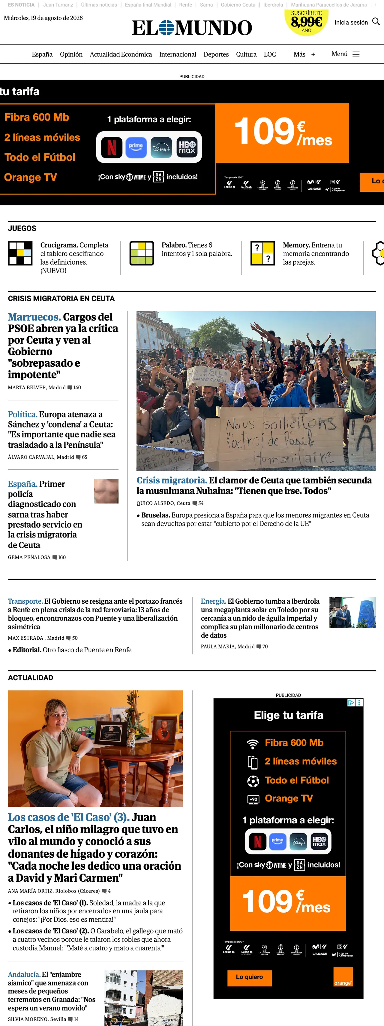 Screenshot of the El Mundo front page