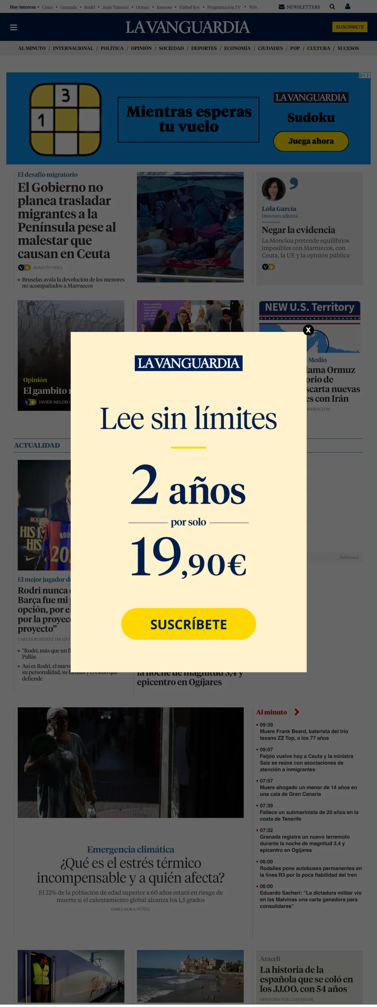 Screenshot of the La Vanguardia front page