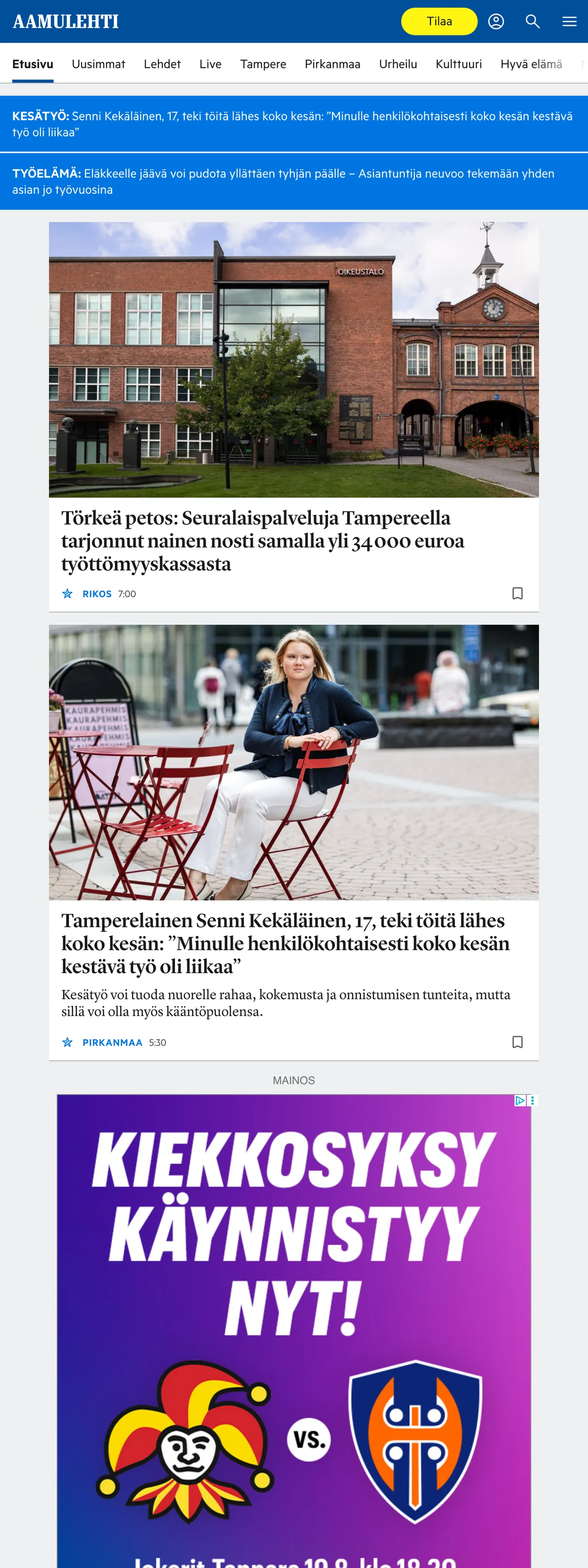 Screenshot of the Aamulehti front page