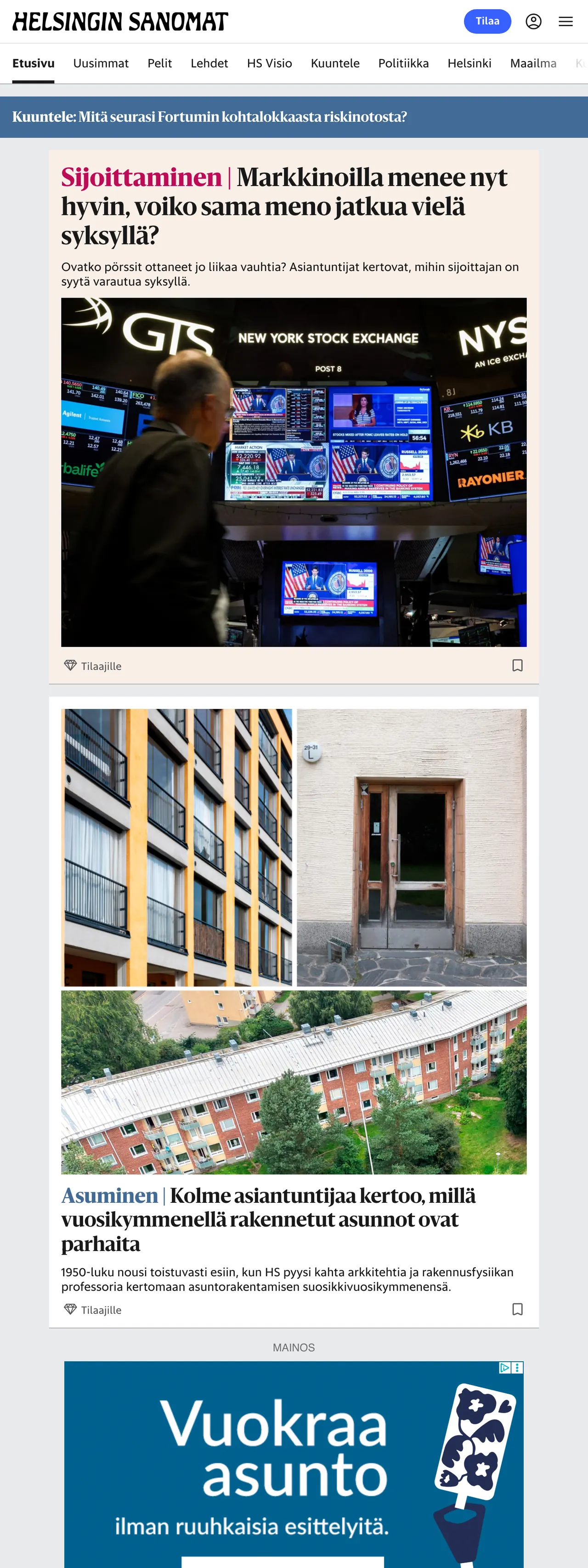 Screenshot of the Helsingin Sanomat front page