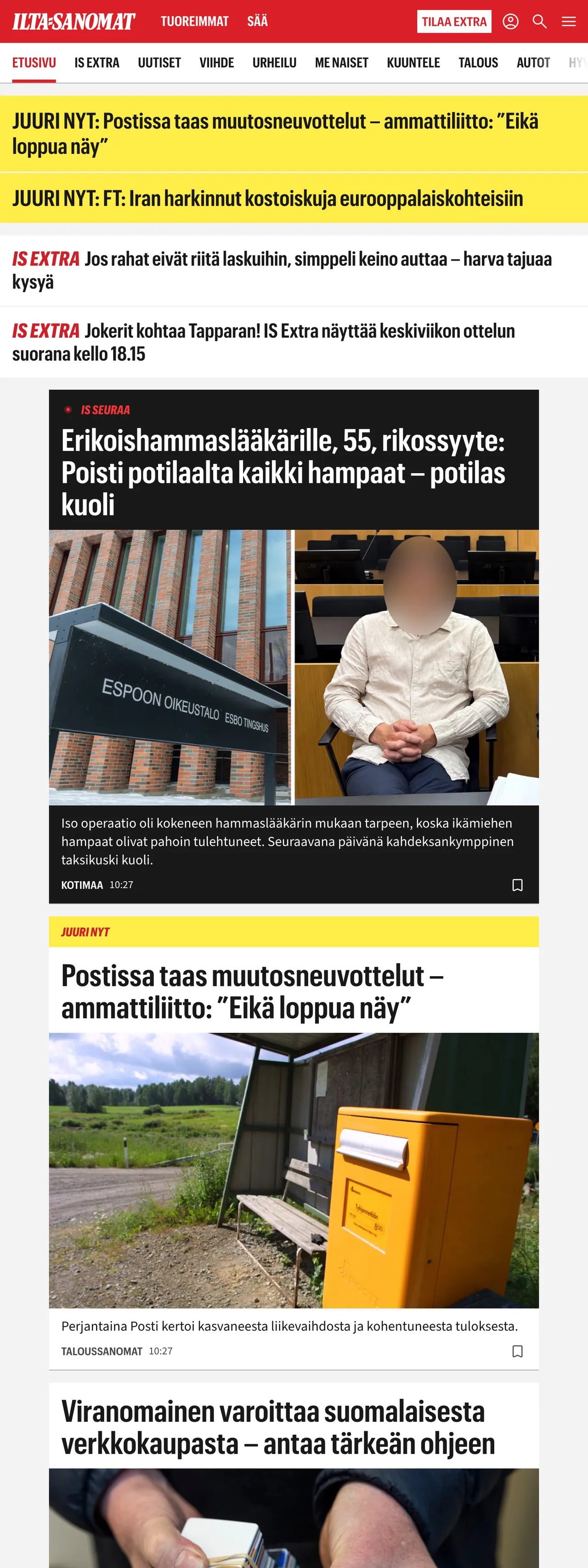 Screenshot of the Ilta-Sanomat front page