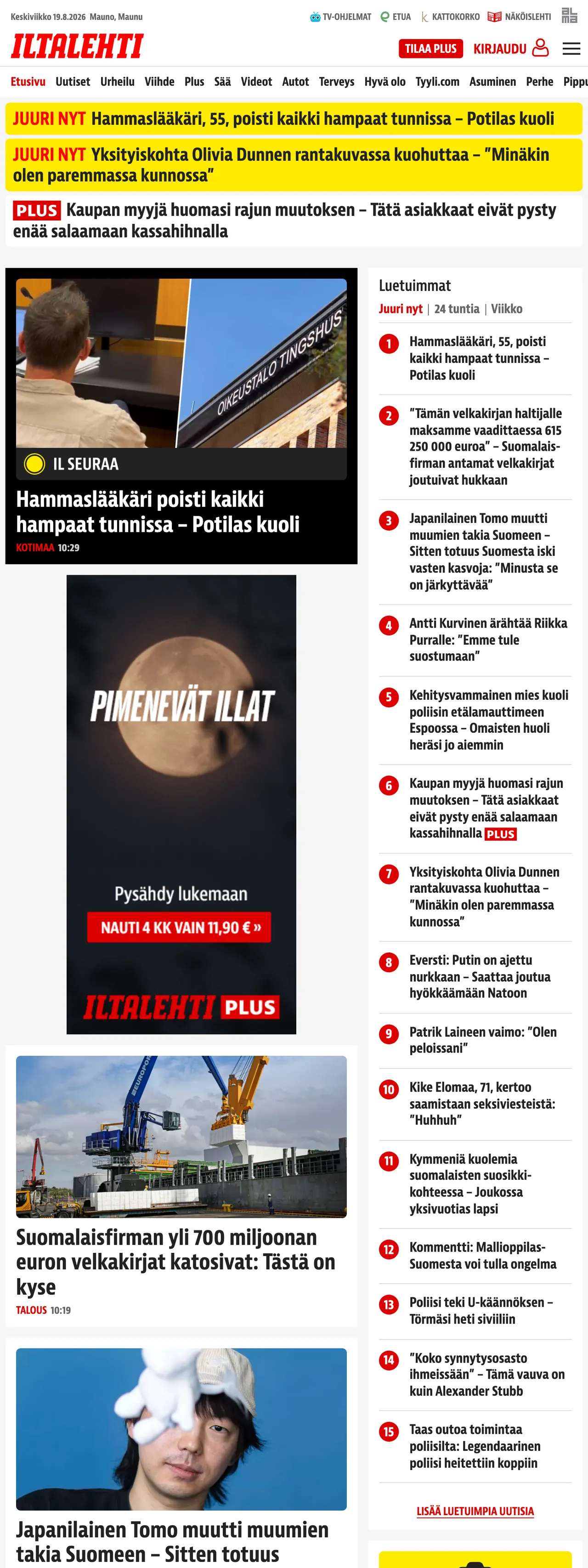 Screenshot of the Iltalehti front page