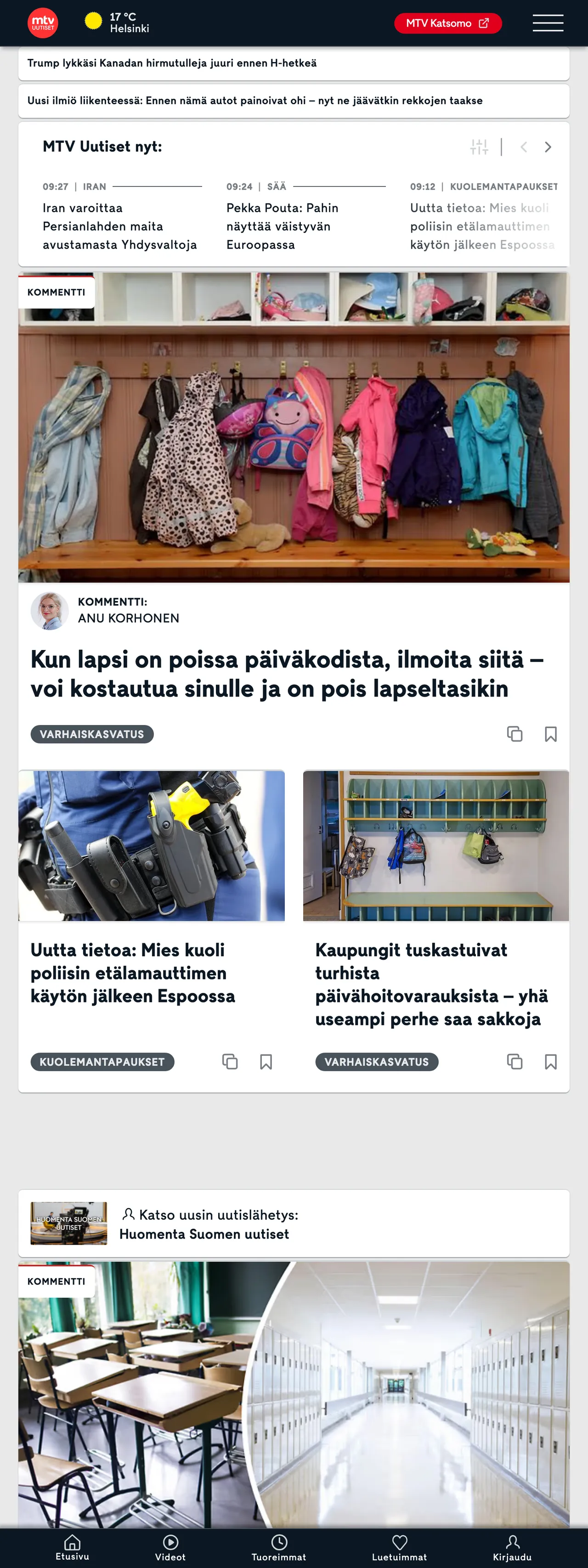 Screenshot of the MTV Uutiset front page