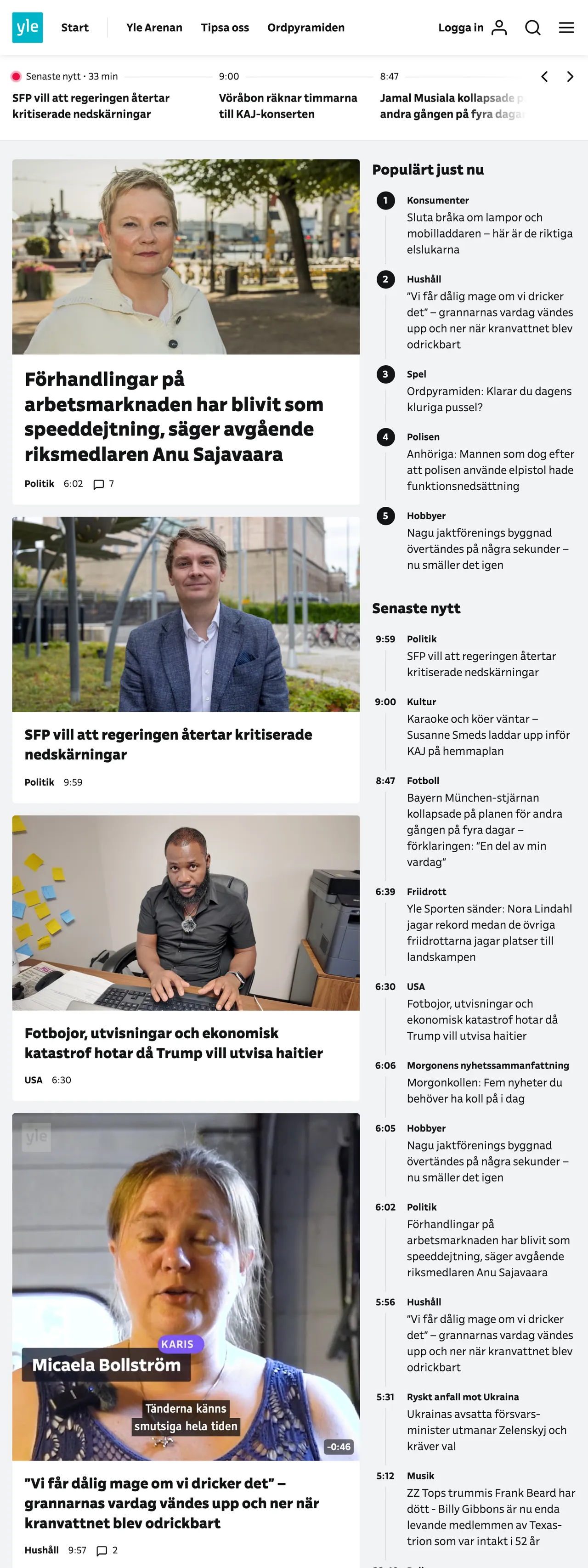 Screenshot of the Svenska Yle front page
