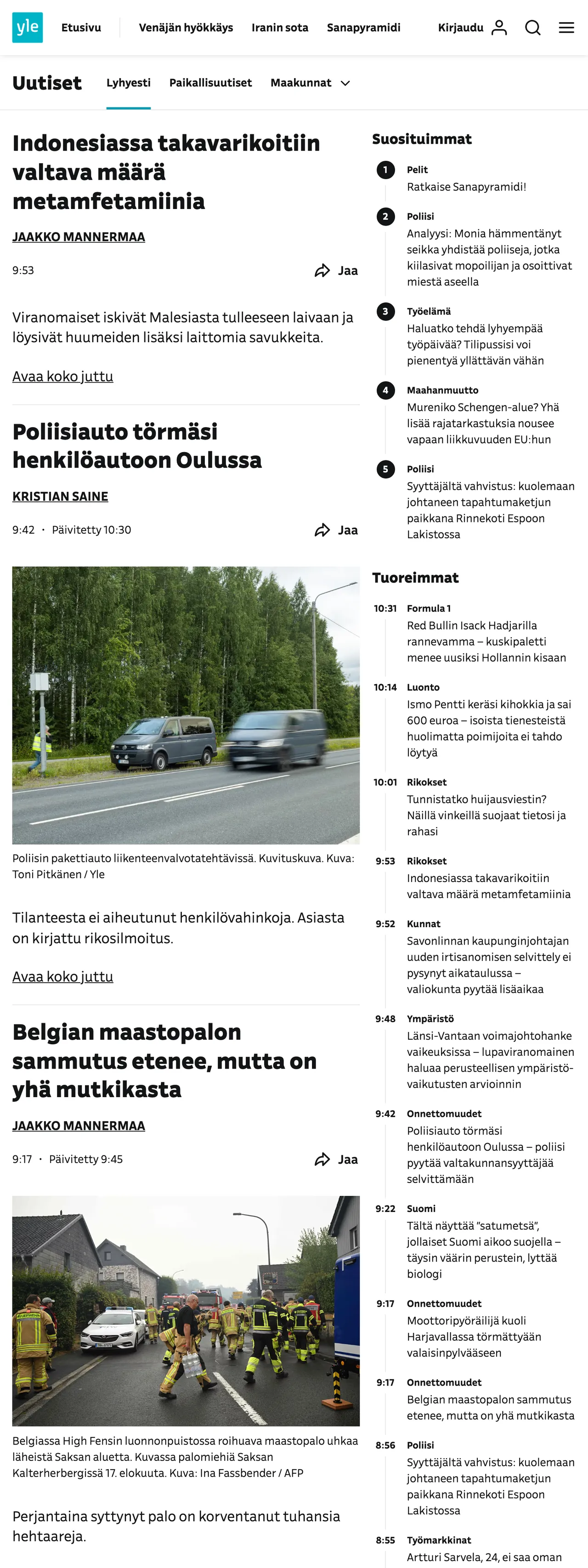 Screenshot of the Yle front page