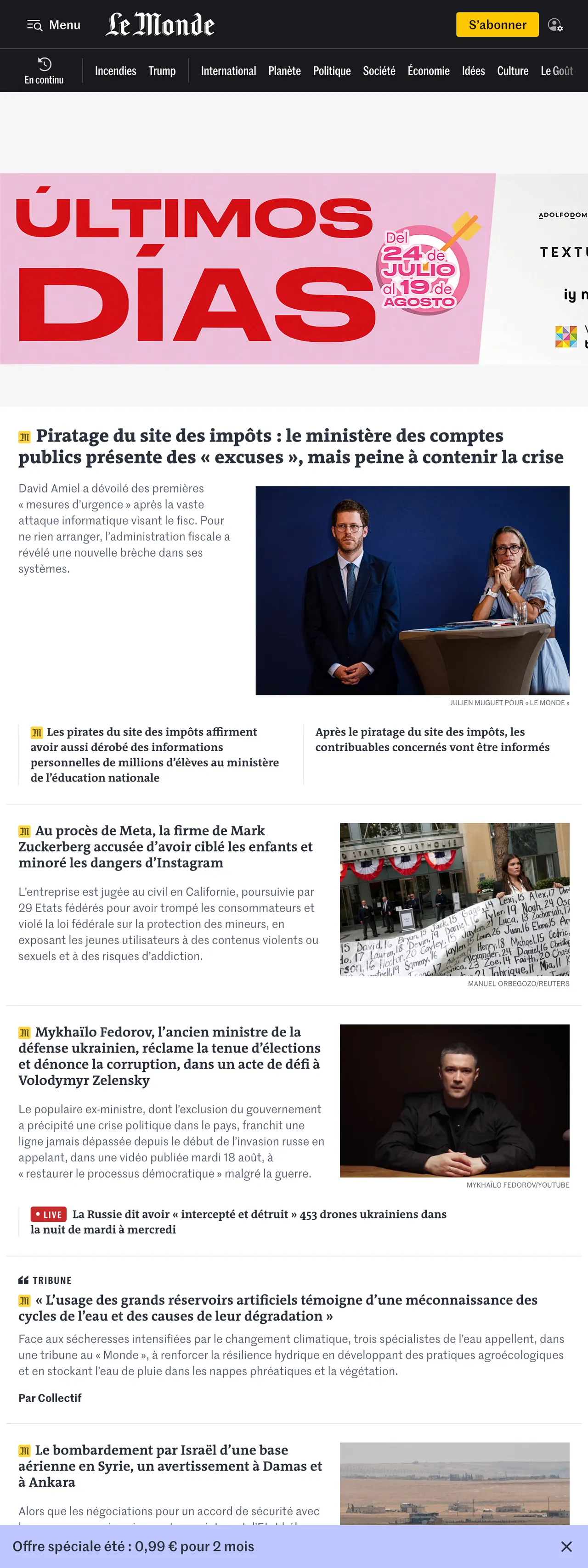 Screenshot of the Le Monde front page