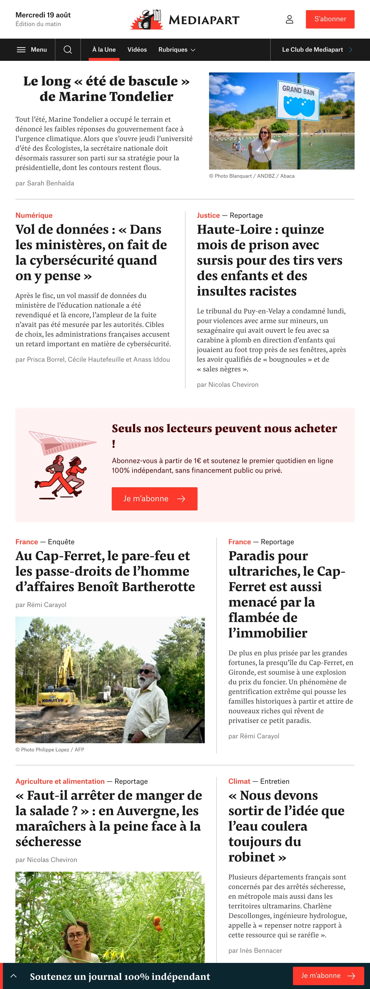 Screenshot of the Mediapart front page