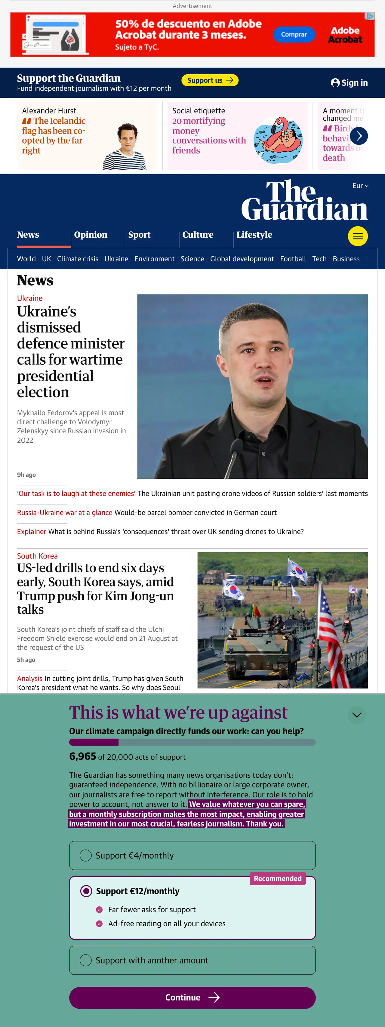 Screenshot of the The Guardian front page