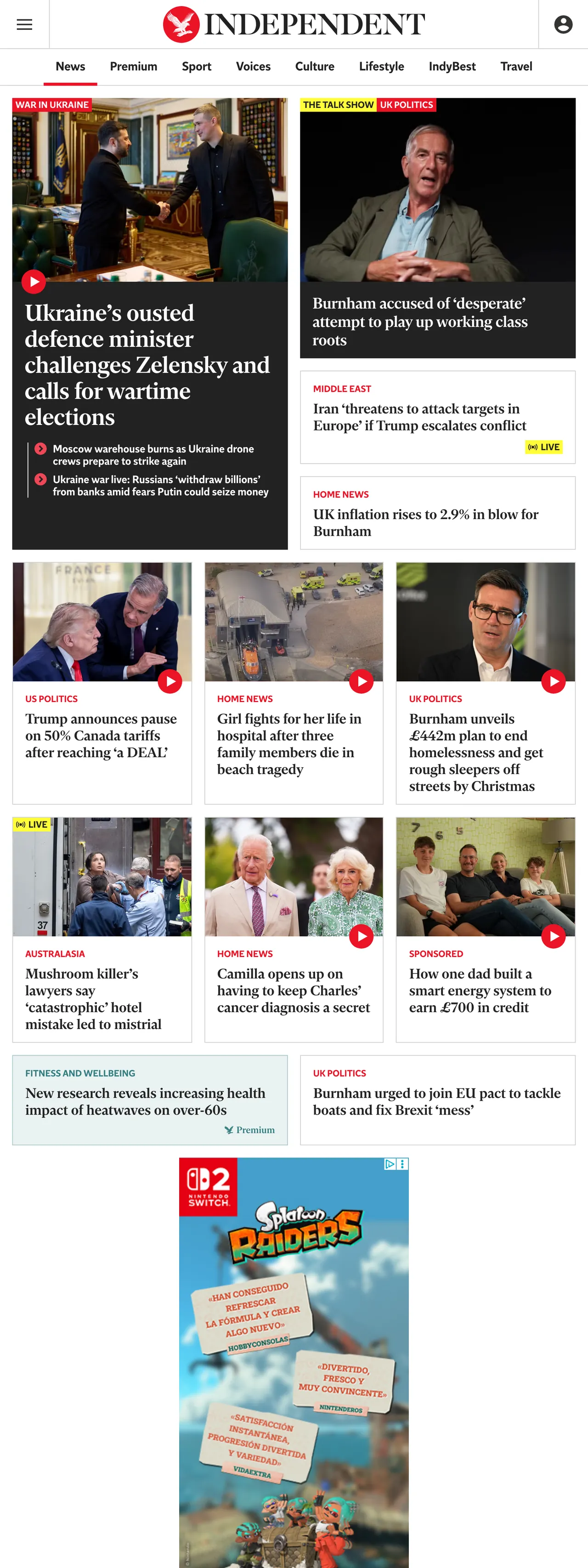Screenshot of the The Independent front page