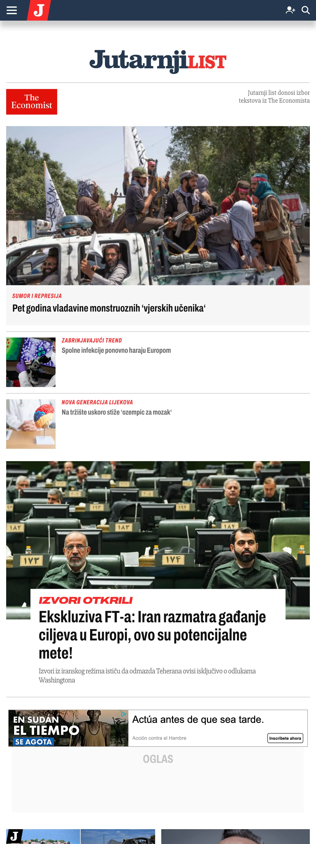 Screenshot of the Jutarnji list front page