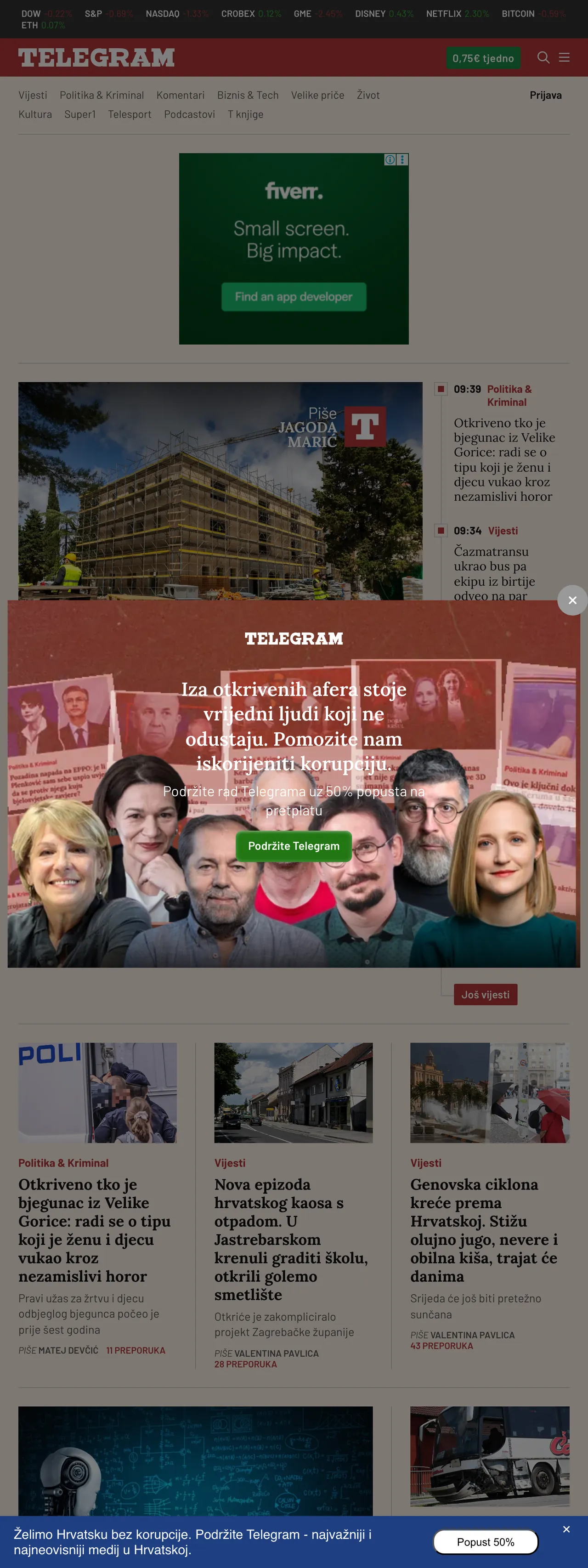 Screenshot of the Telegram.hr front page