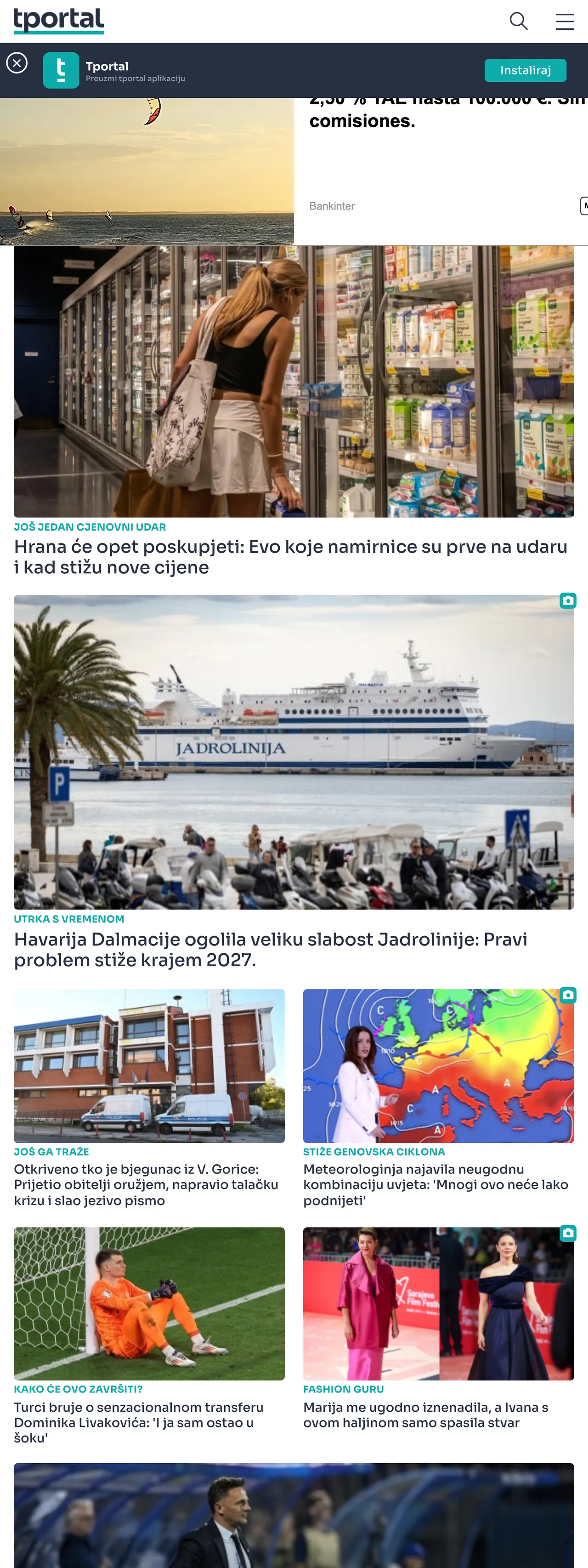 Screenshot of the tportal front page