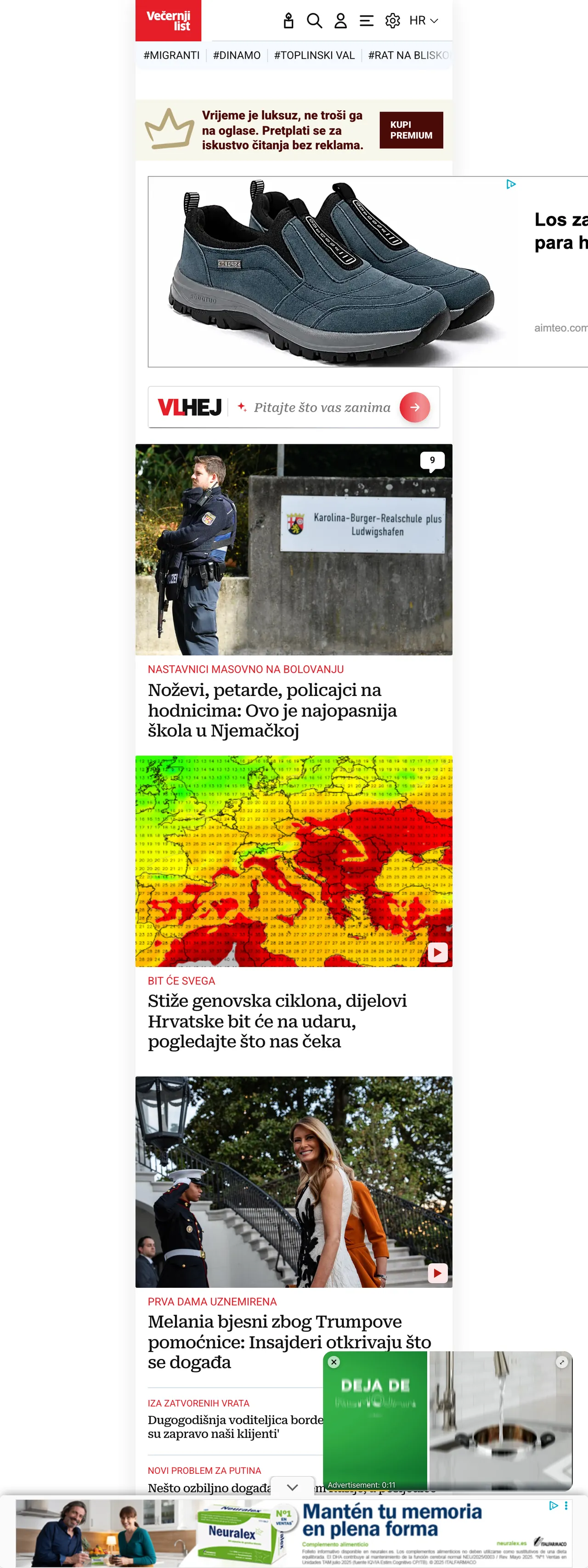 Screenshot of the Večernji list front page
