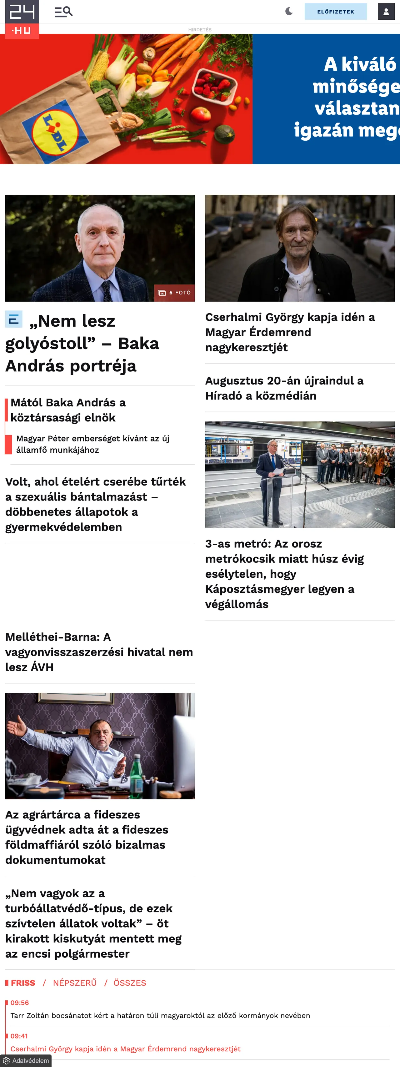 Screenshot of the 24.hu front page