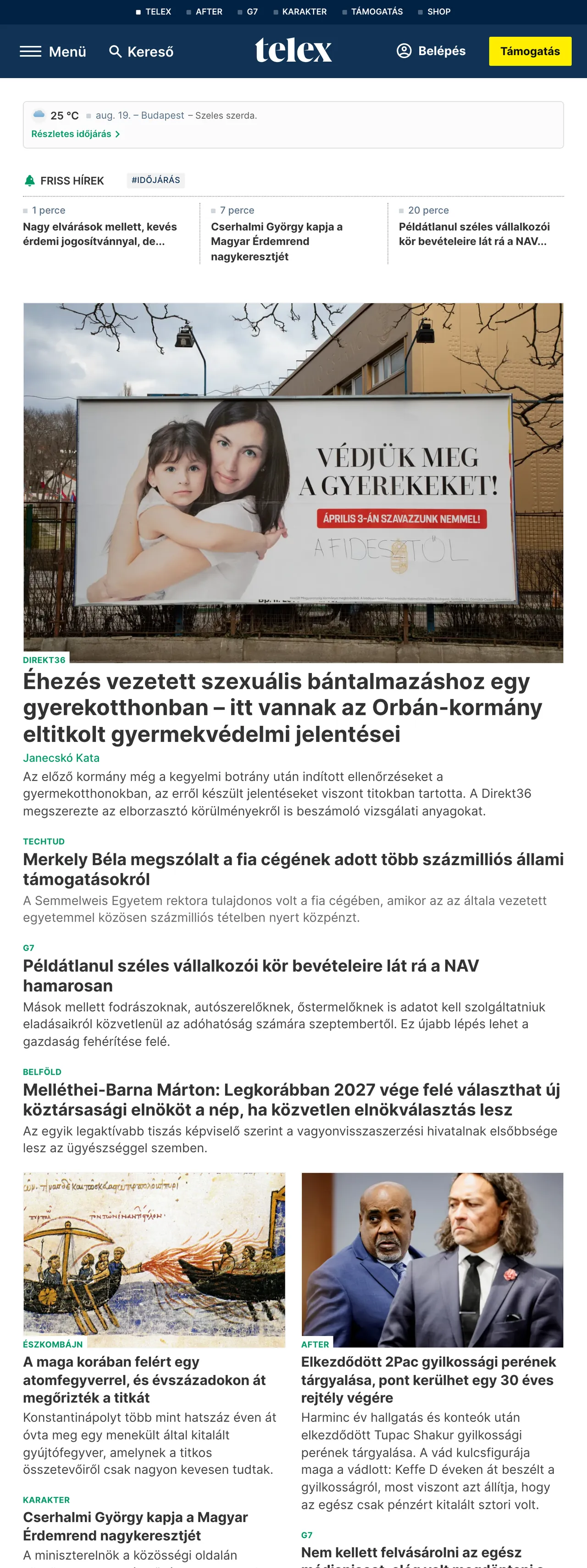 Screenshot of the Telex front page