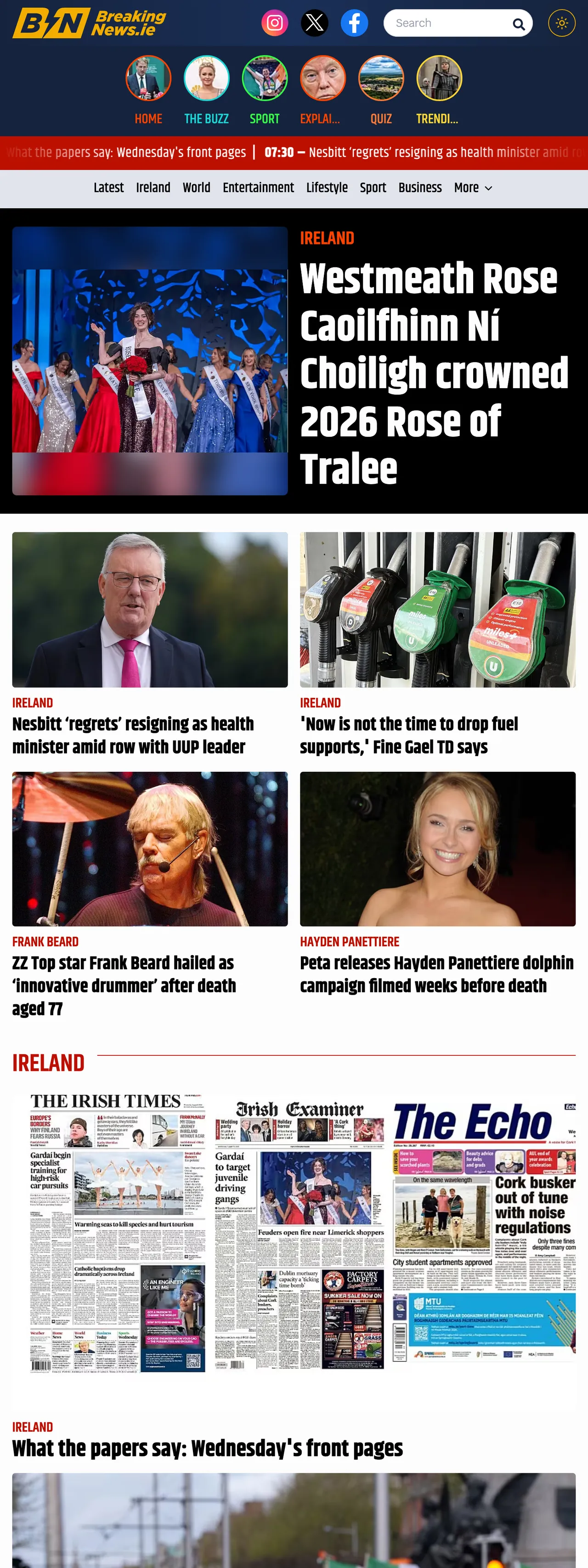 Screenshot of the BreakingNews.ie front page