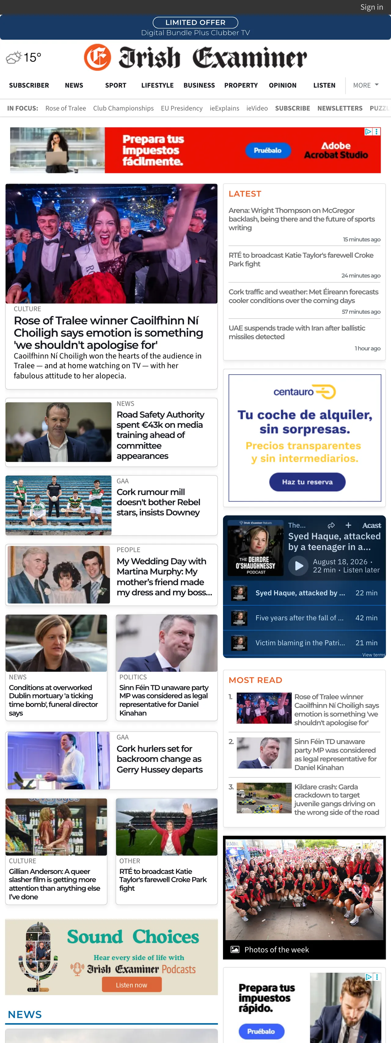 Screenshot of the Irish Examiner front page