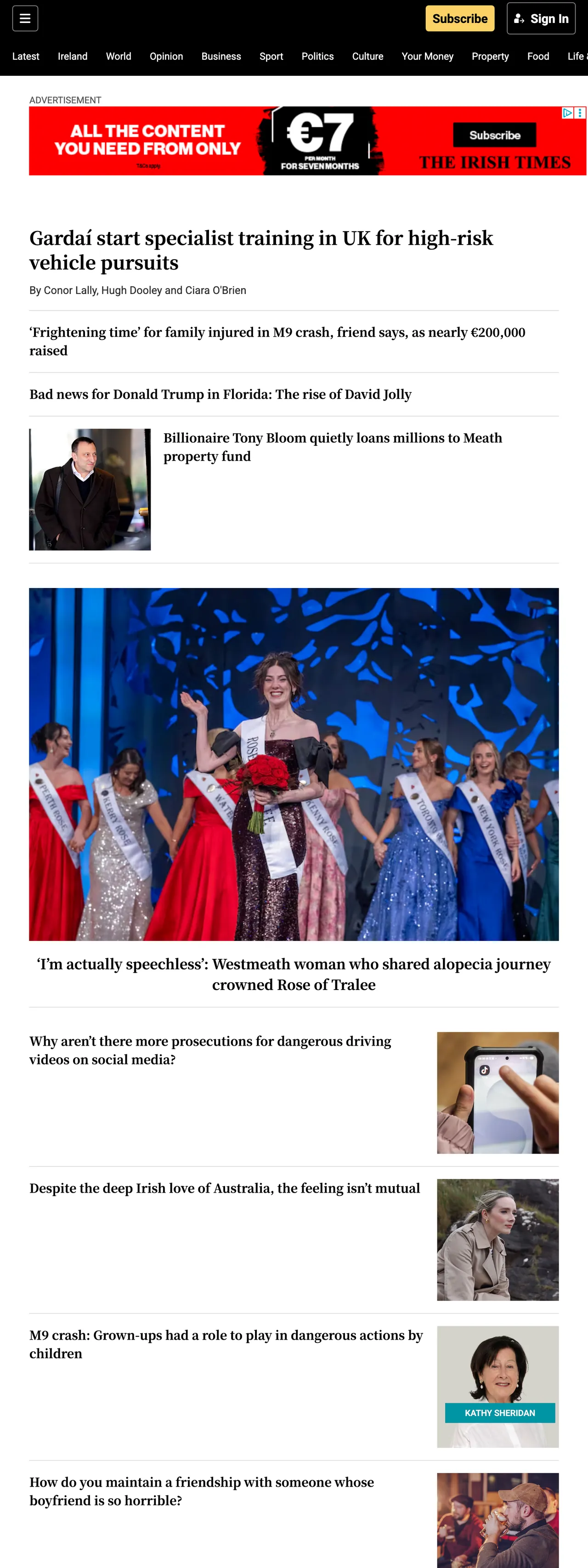 Screenshot of the The Irish Times front page