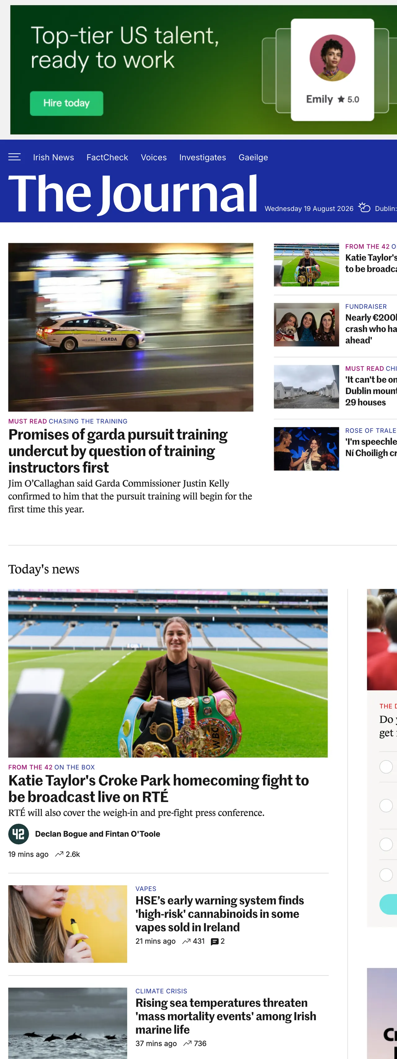 Screenshot of the TheJournal.ie front page