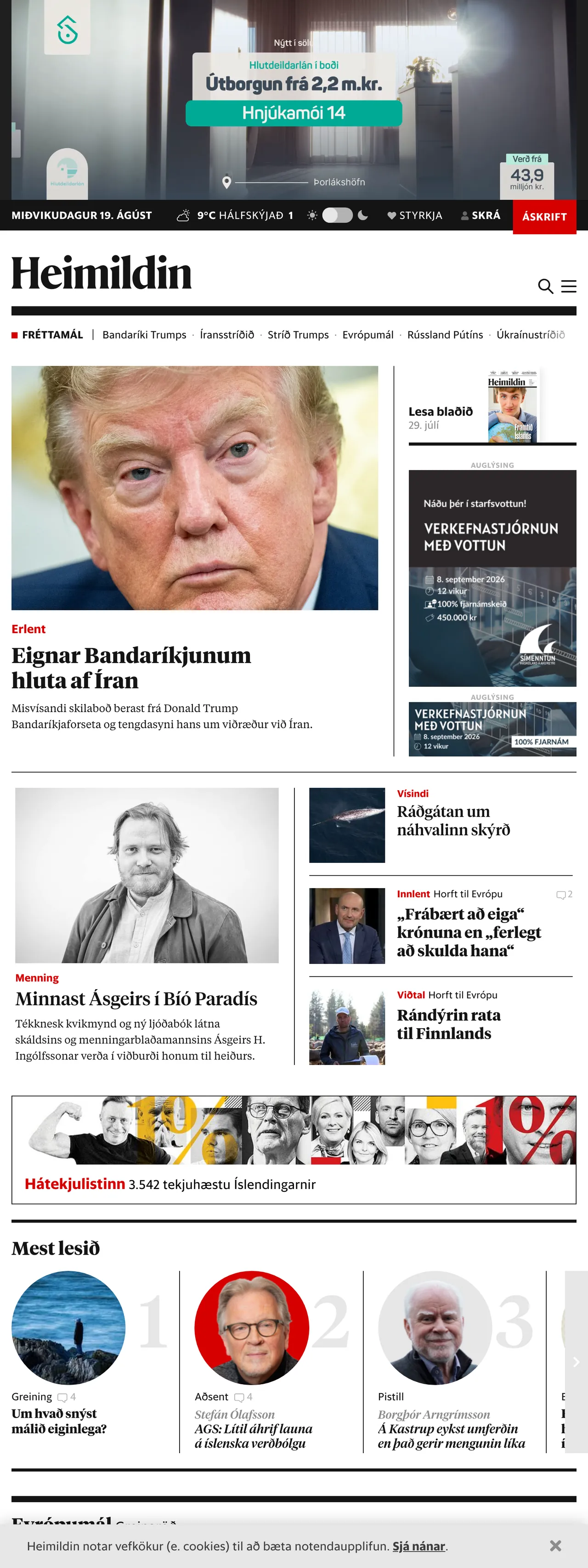 Screenshot of the Heimildin front page