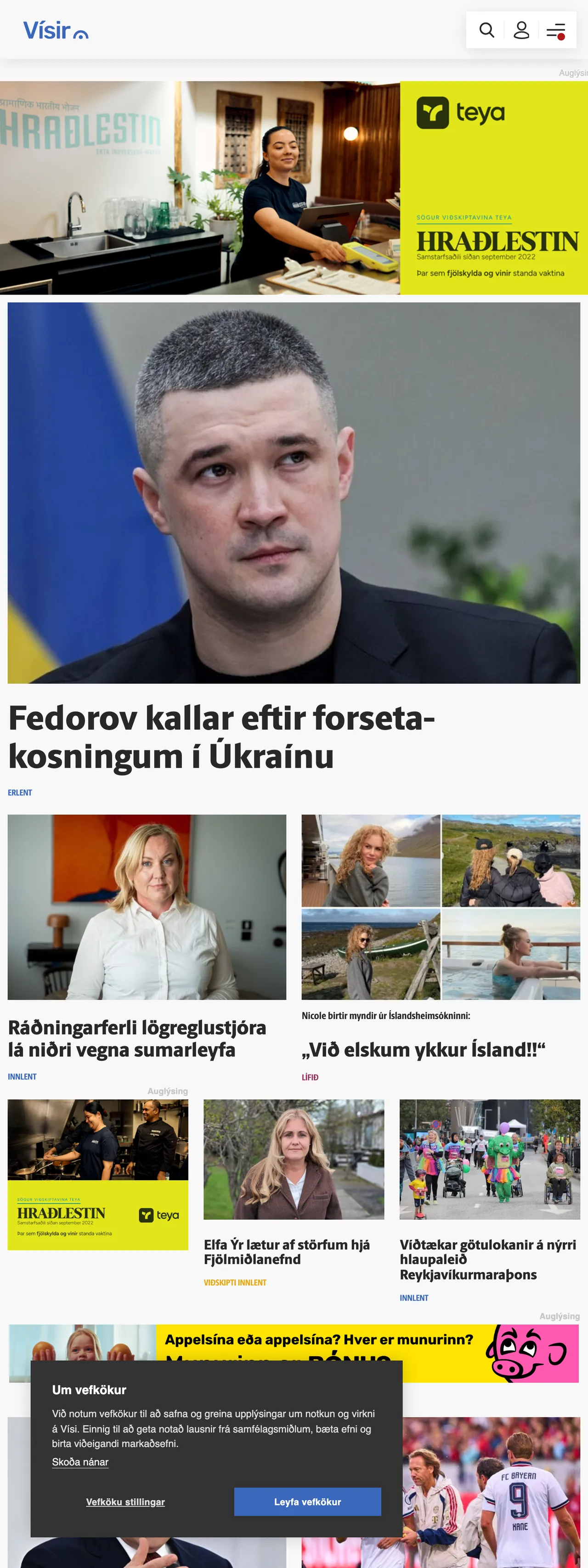 Screenshot of the Vísir front page