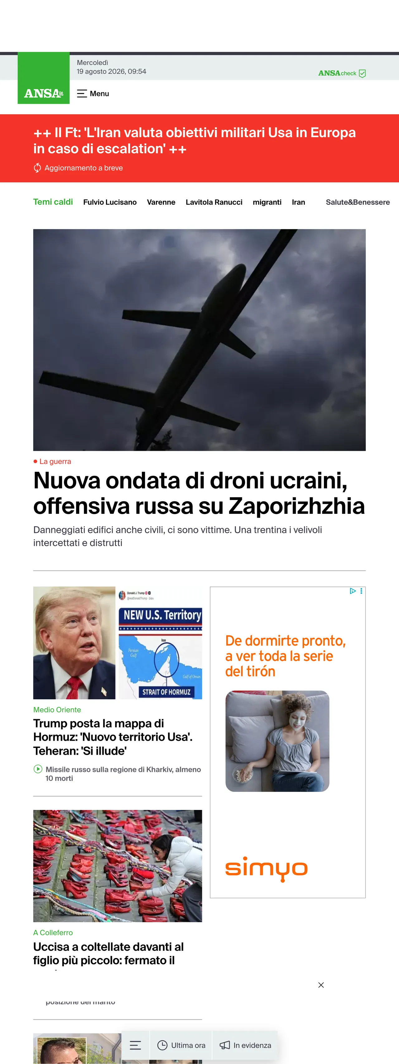 Screenshot of the ANSA front page