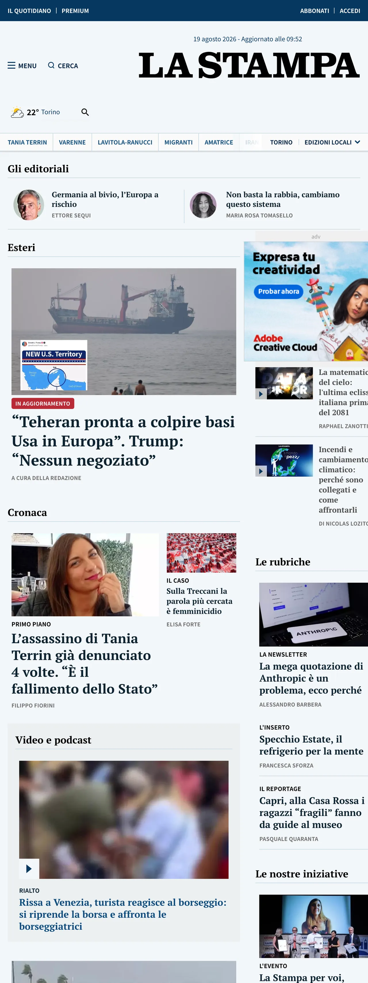 Screenshot of the La Stampa front page